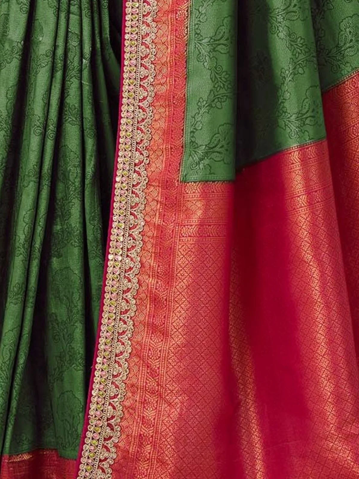 Odette Green Satin Embroidered Saree For Women - Image 3