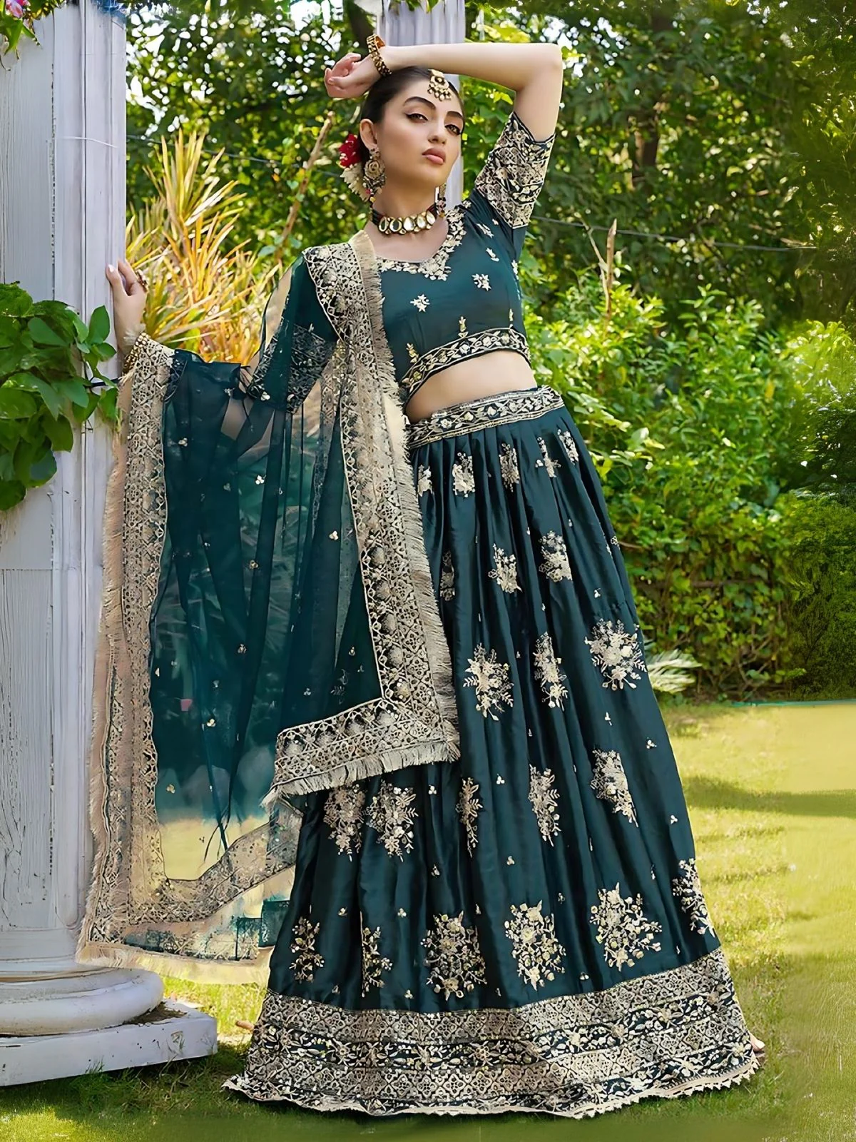 Odette Green Satin Embroidered Semi-Stitched Lehenga For Women