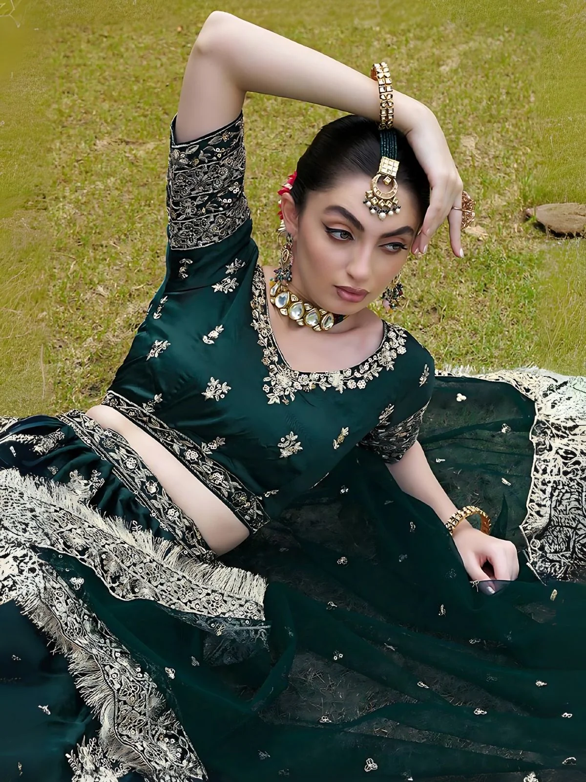 Odette Green Satin Embroidered Semi-Stitched Lehenga For Women - Image 4