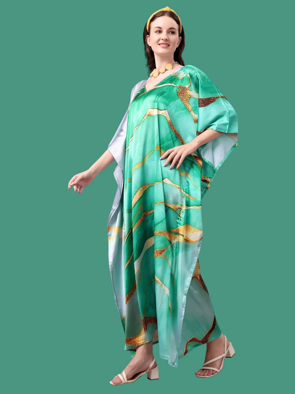 Odette Green Satin Printed Kaftan For Women - Image 2