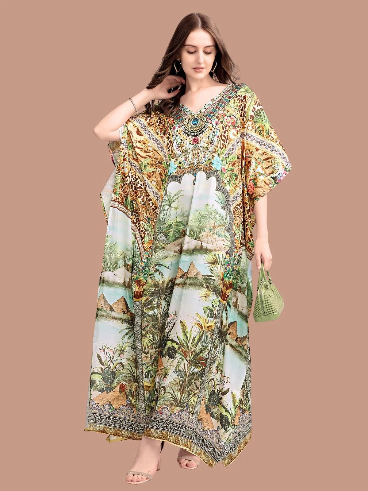 Odette Green Satin Printed Kaftan For Women