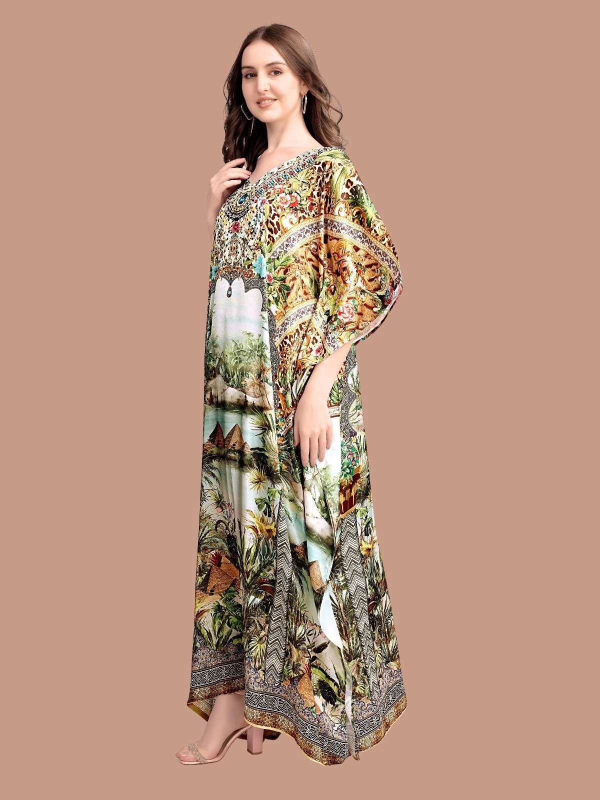 Odette Green Satin Printed Kaftan For Women - Image 2