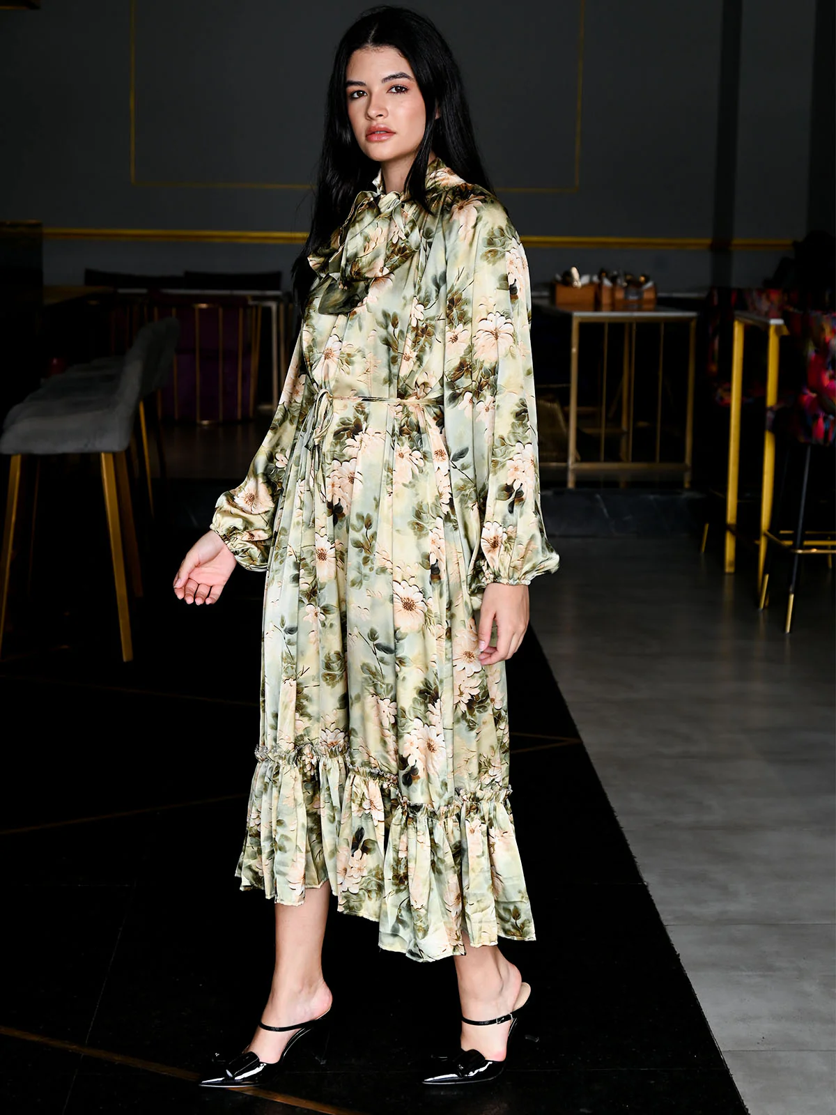 Odette Green Satin Printed Long Dress For Women - Image 3