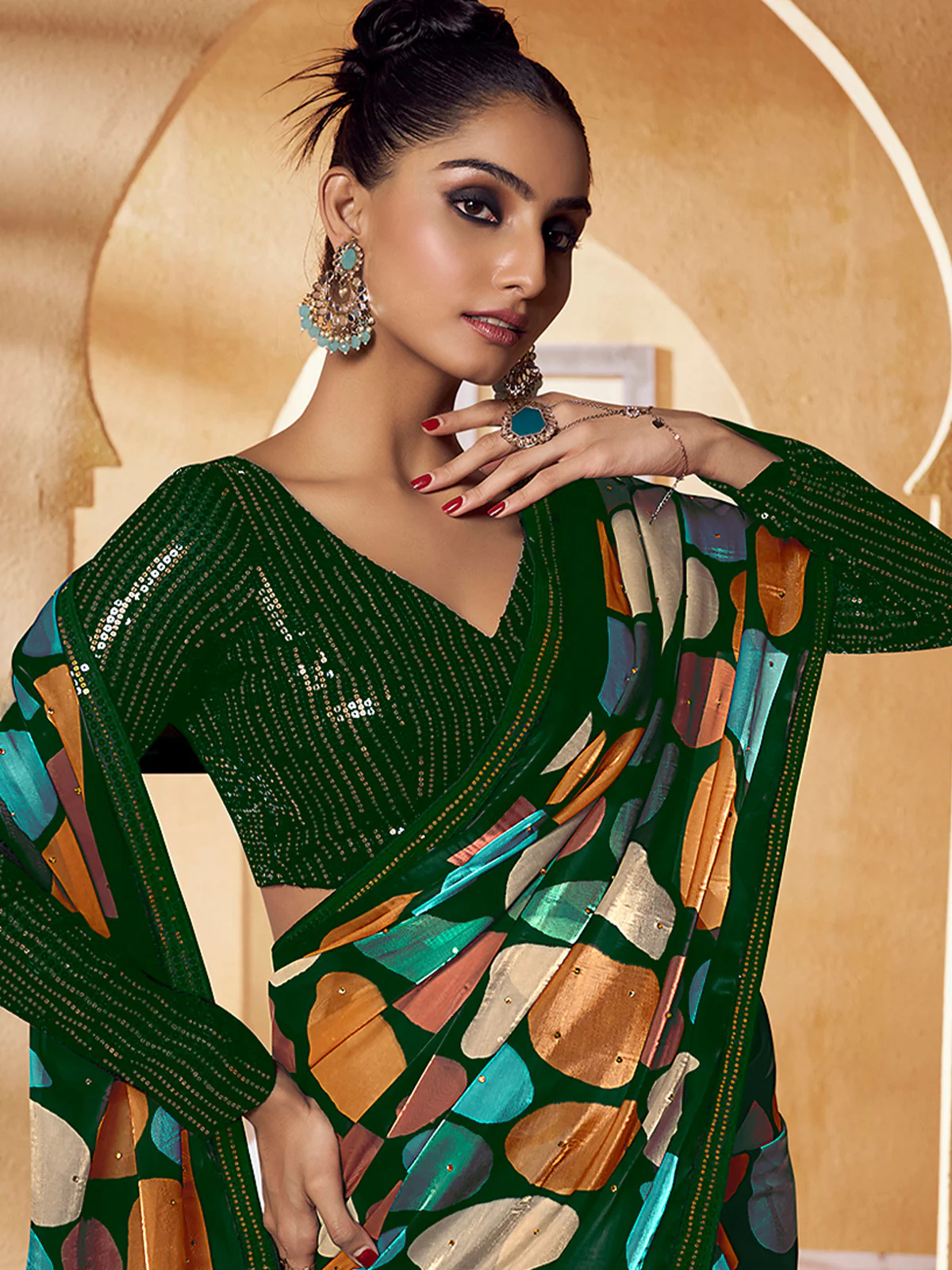 Odette Green Satin Printed Saree with Unstitched Blouse For Women - Image 2