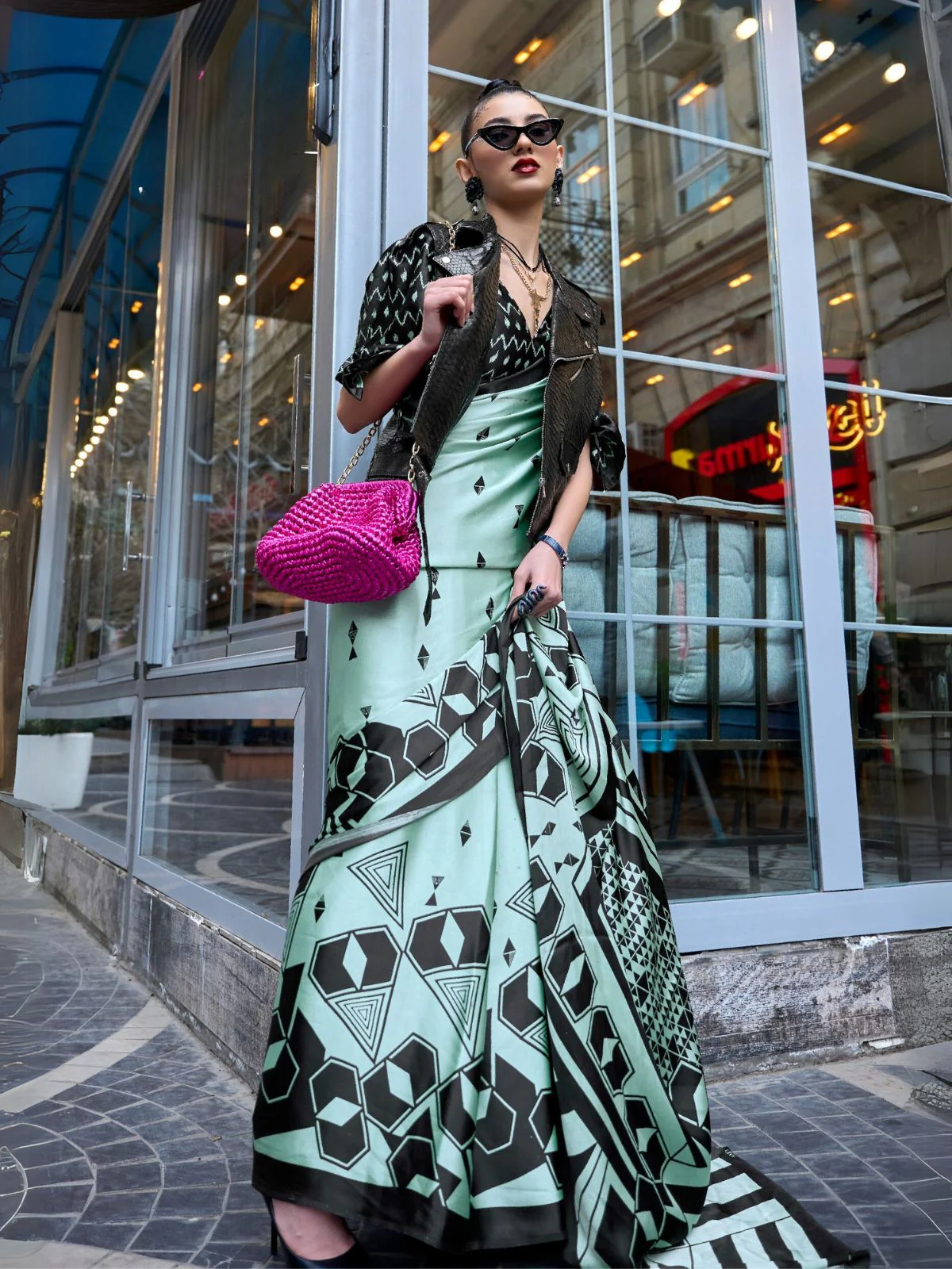 Odette Green Satin Printed Saree With Unstitched Blouse For Women - Image 2