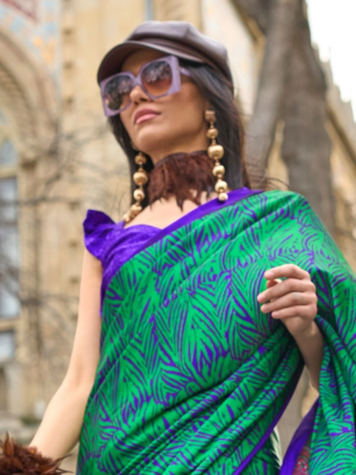 Odette Green Satin Printed Saree With Unstitched Blouse For Women - Image 2