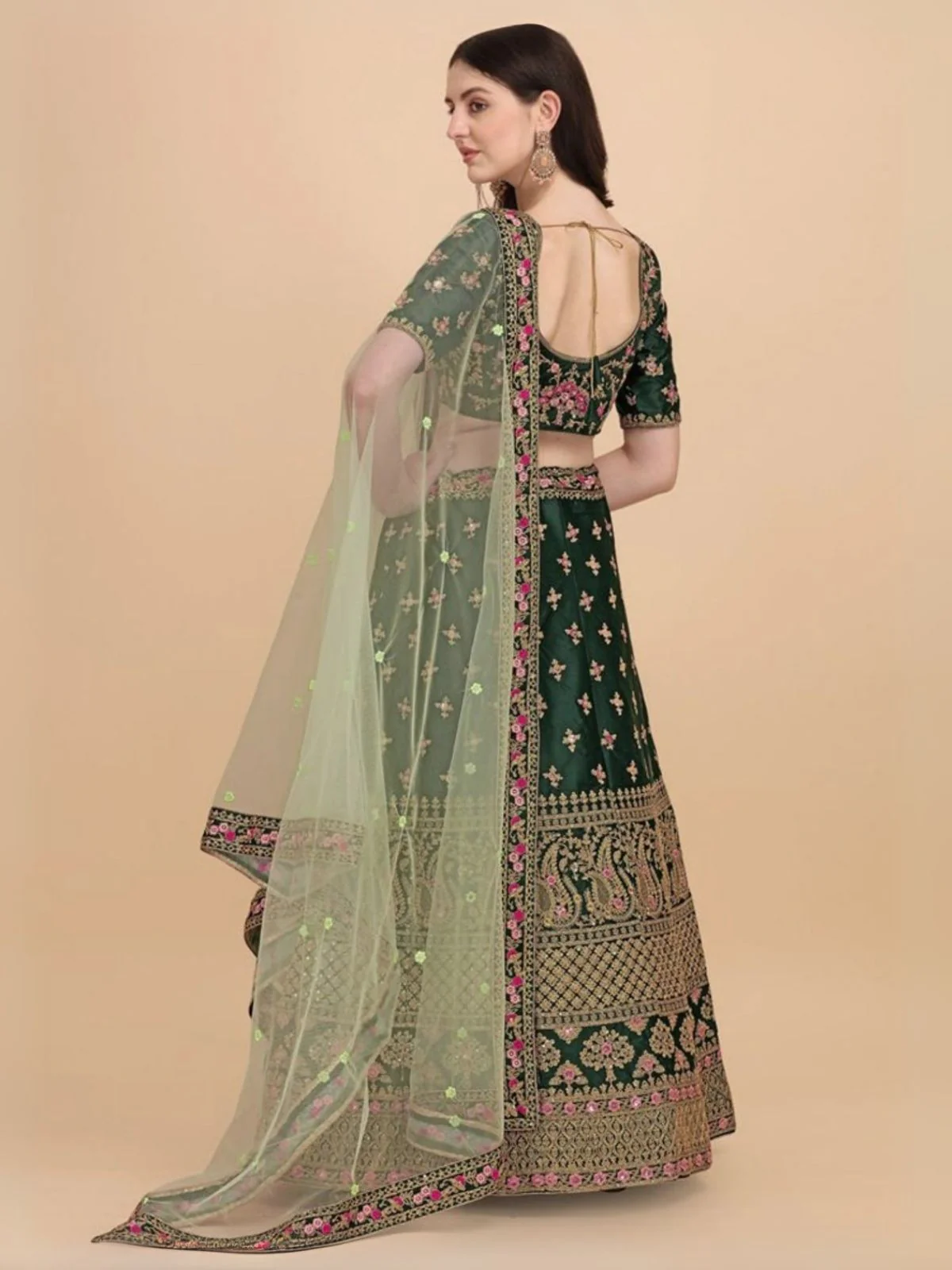Odette Green Satin Silk Embroidered Semi-Stitched Lehenga For Women - Image 2