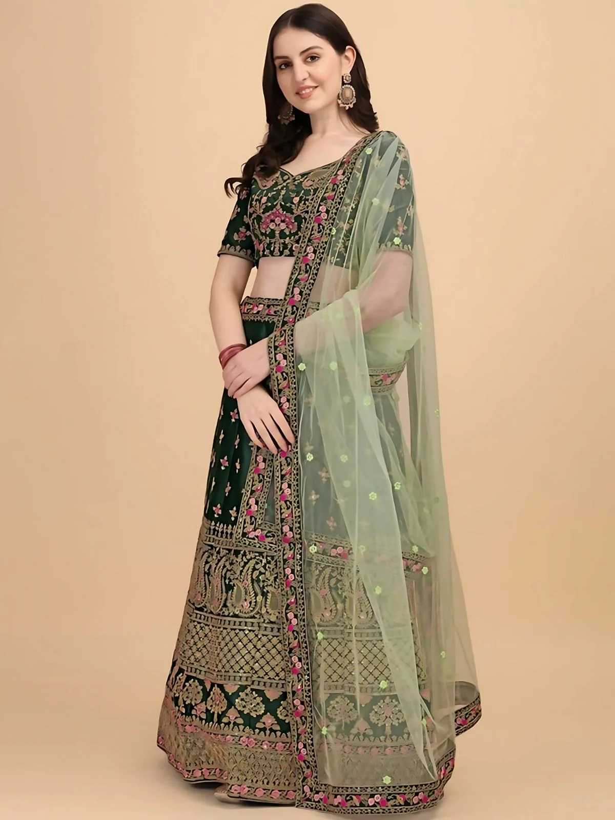 Odette Green Satin Silk Embroidered Semi-Stitched Lehenga For Women - Image 3