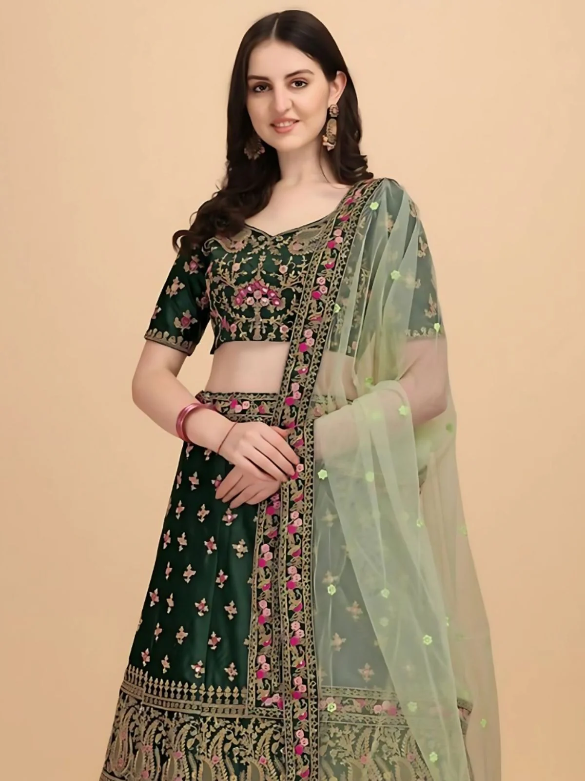 Odette Green Satin Silk Embroidered Semi-Stitched Lehenga For Women - Image 4