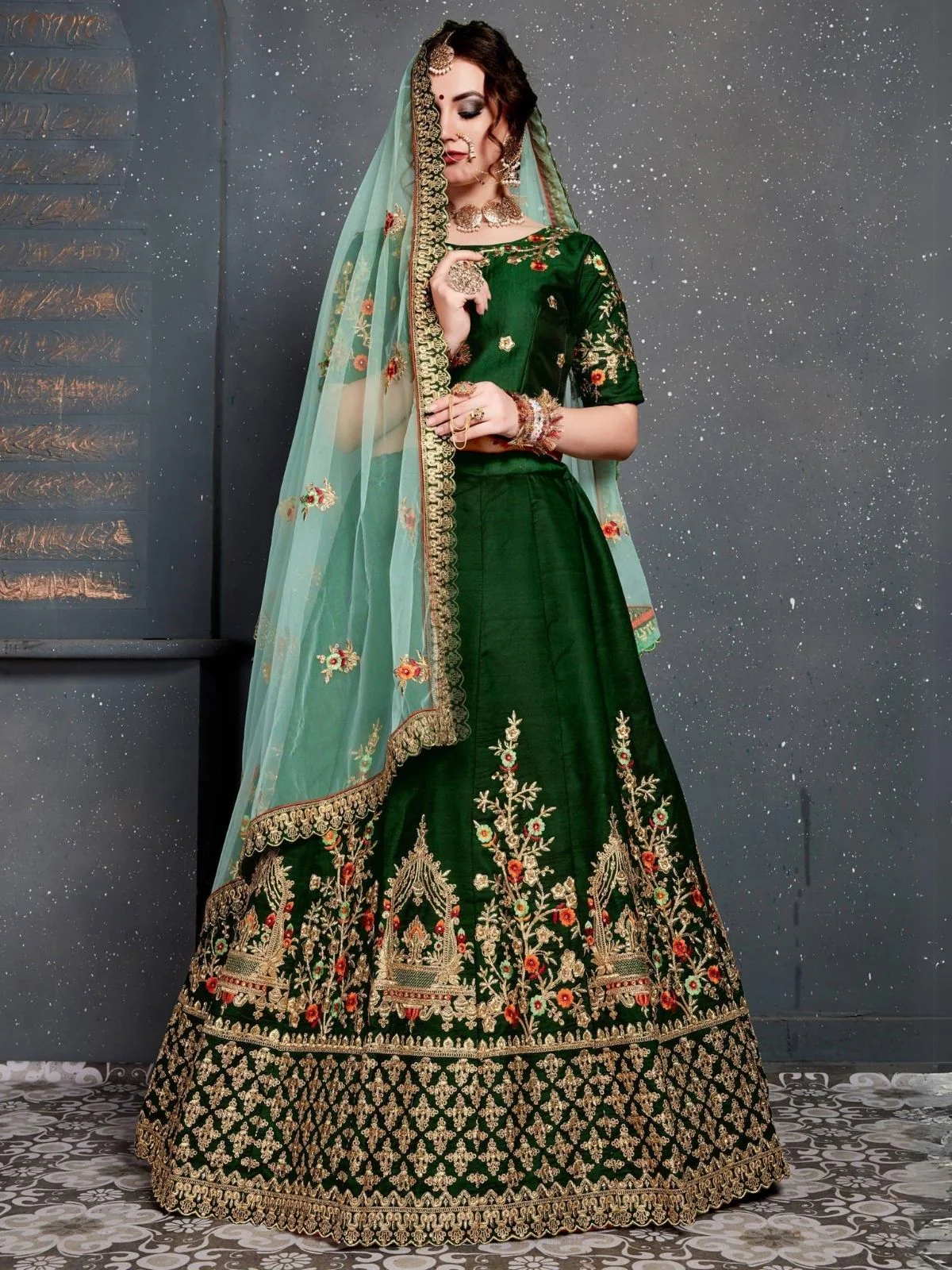 Odette Green Satin Silk Embroidered Semi Stitched Lehenga With Blouse For Women - Image 2
