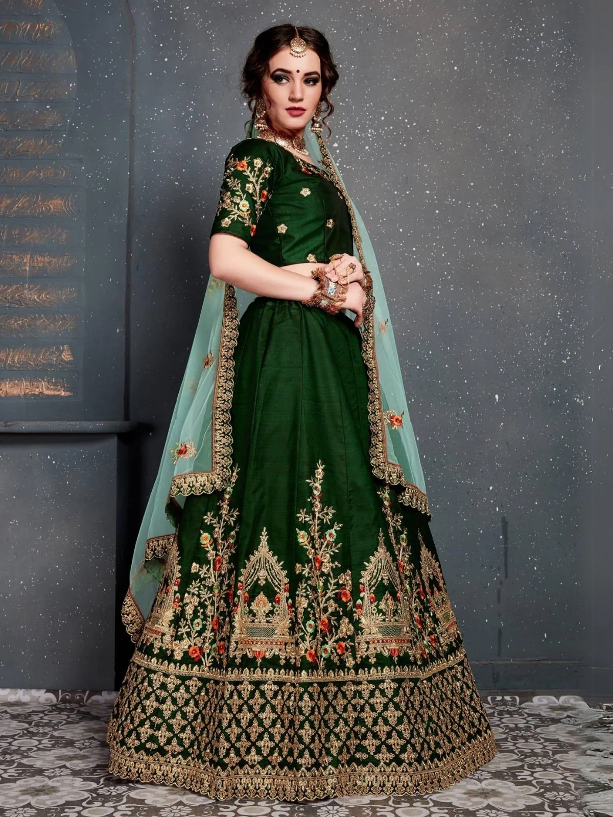 Odette Green Satin Silk Embroidered Semi Stitched Lehenga With Blouse For Women - Image 3