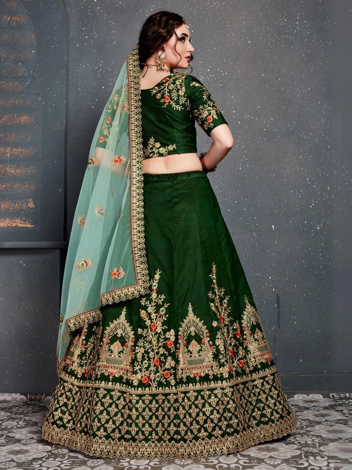 Odette Green Satin Silk Embroidered Semi Stitched Lehenga With Blouse For Women - Image 4