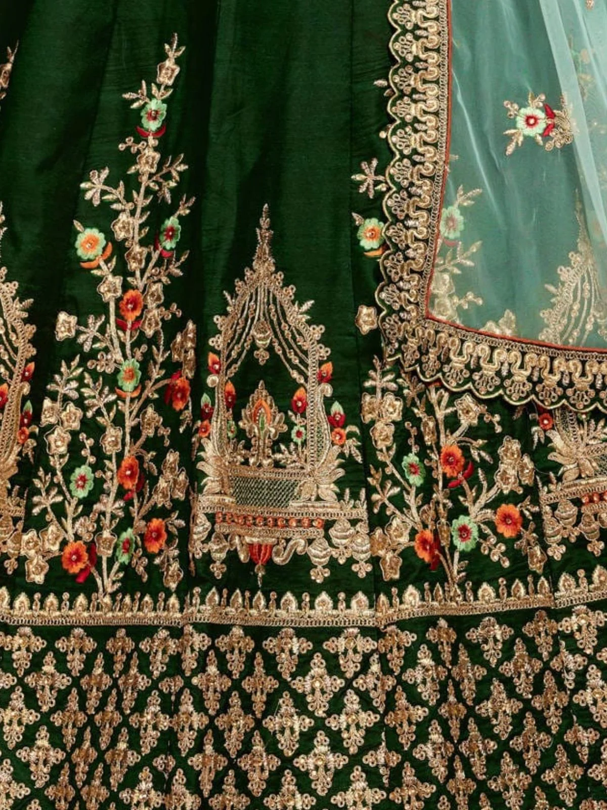Odette Green Satin Silk Embroidered Semi Stitched Lehenga With Blouse For Women - Image 6