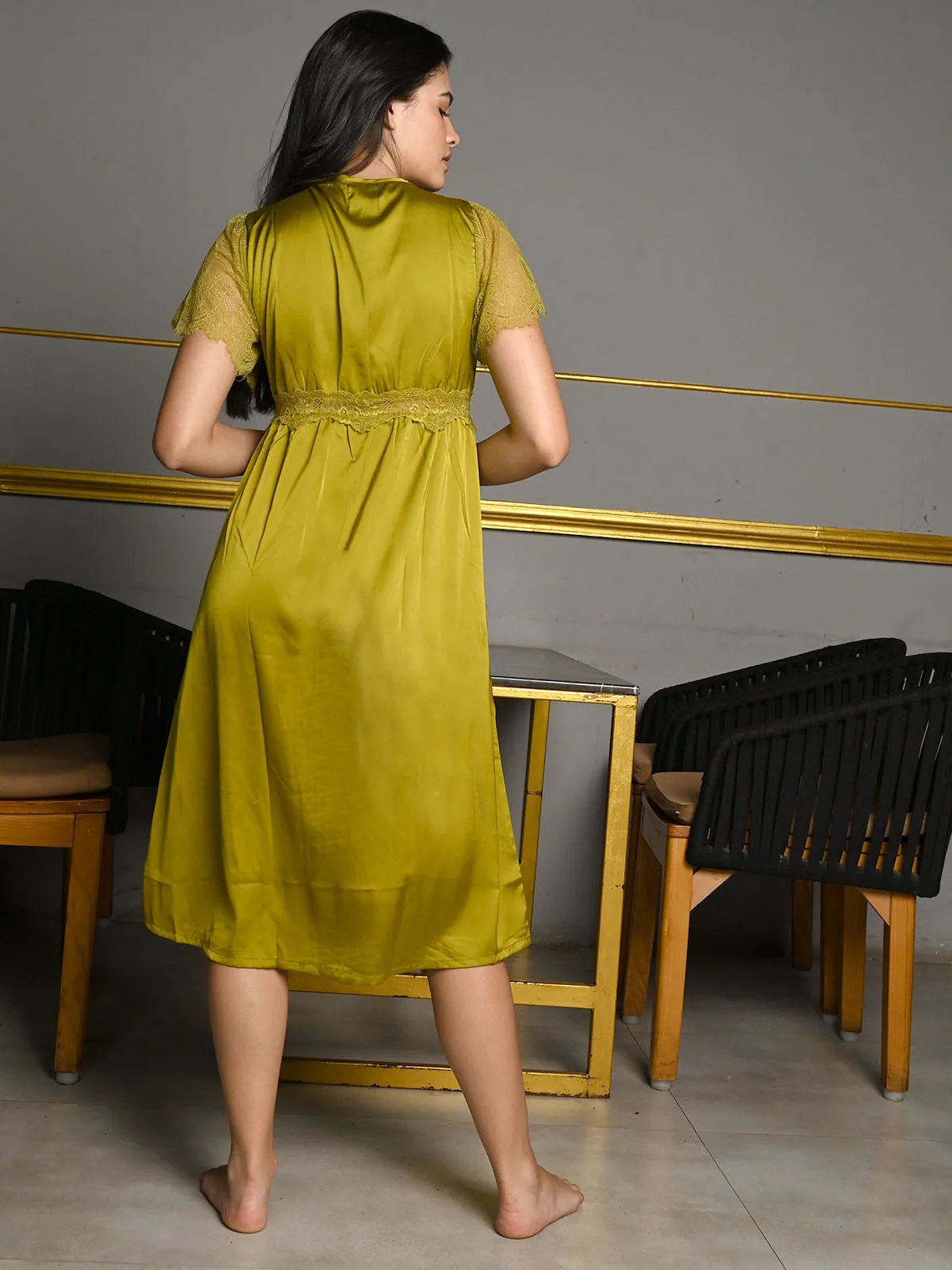 Odette Green Satin Solid Night Wear Set For Women - Image 4