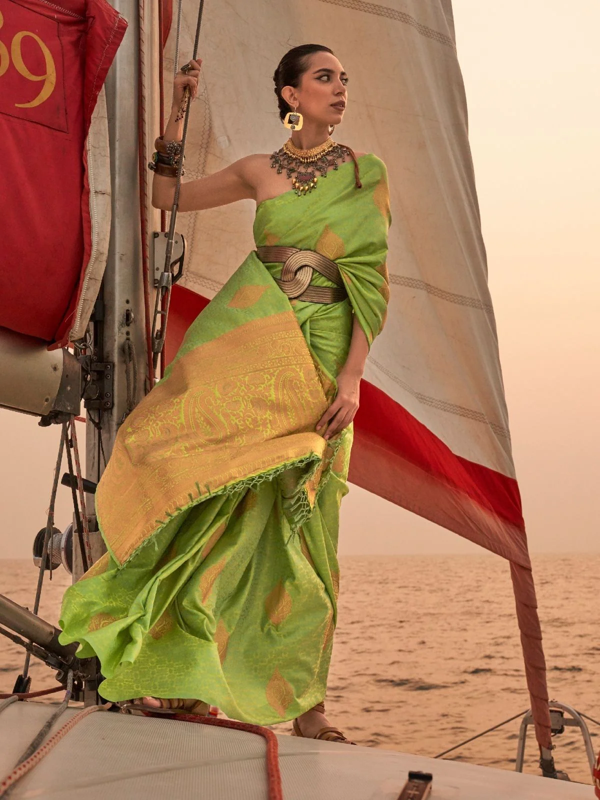 Odette Green Satin Woven Saree With Unstitched Blouse for Women