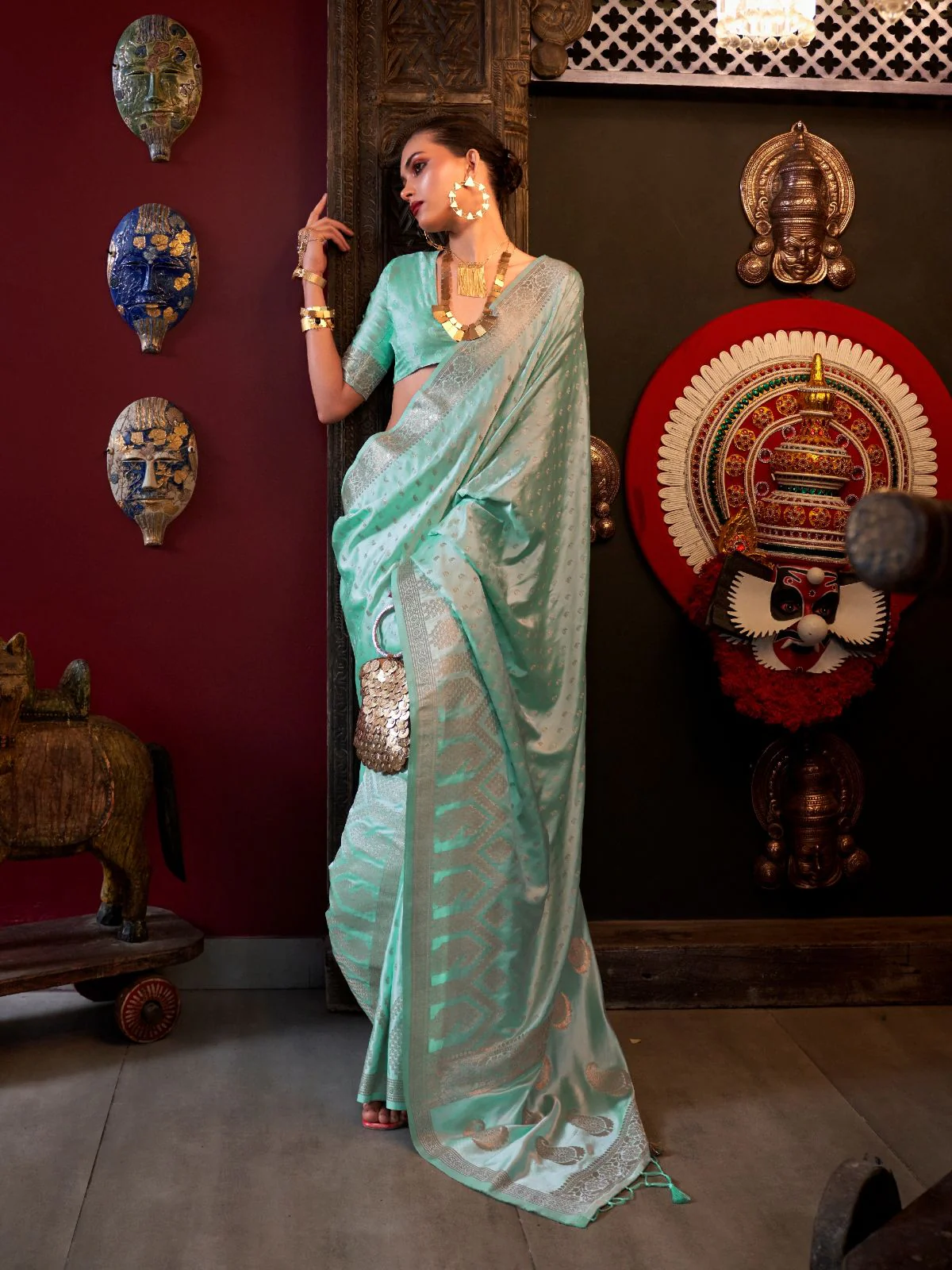 Odette Green Satin Woven Saree With Unstitched Blouse For Women