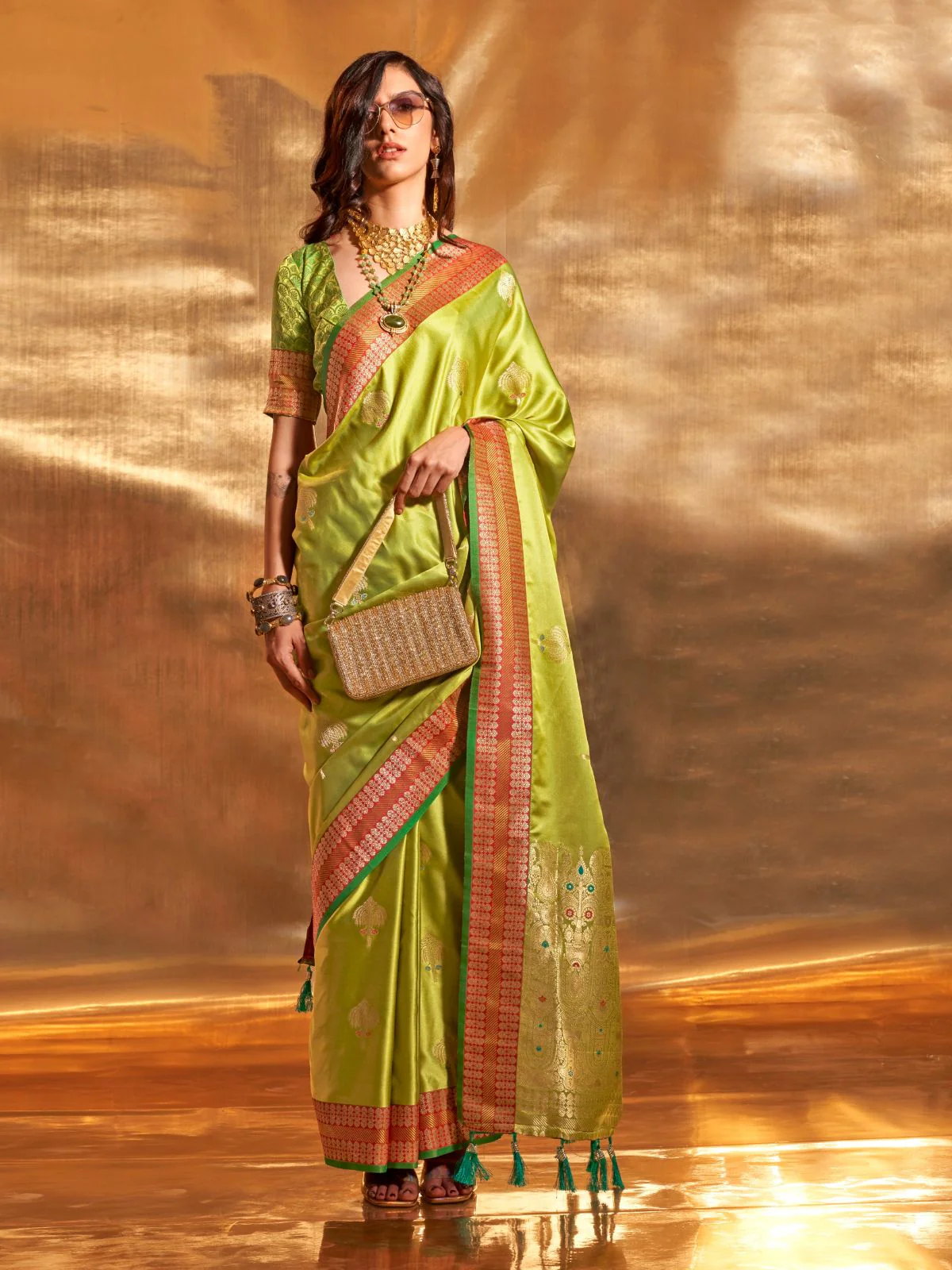Odette Green Satin Woven Saree With Unstitched Blouse For Women