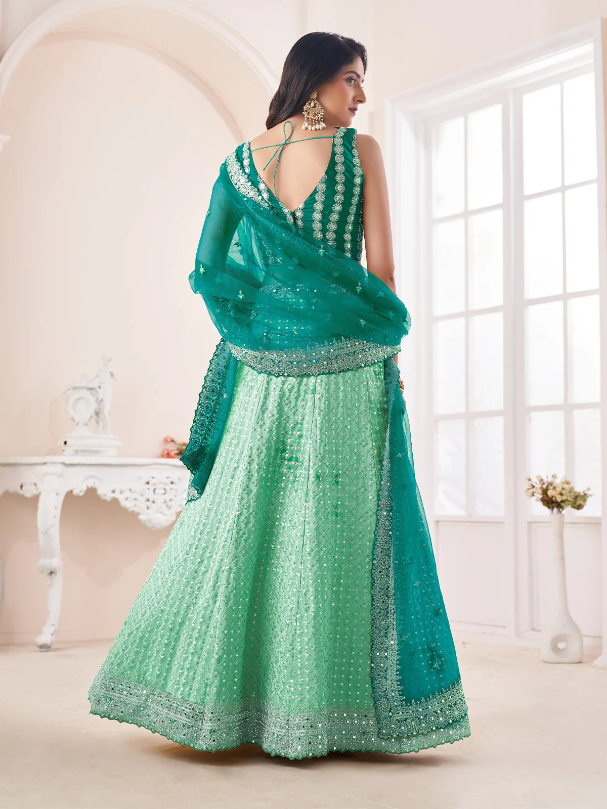 Odette Green Shibori Crepe Embroidered Semi Stitched Lehenga With Unstitched Blouse for Women - Image 3