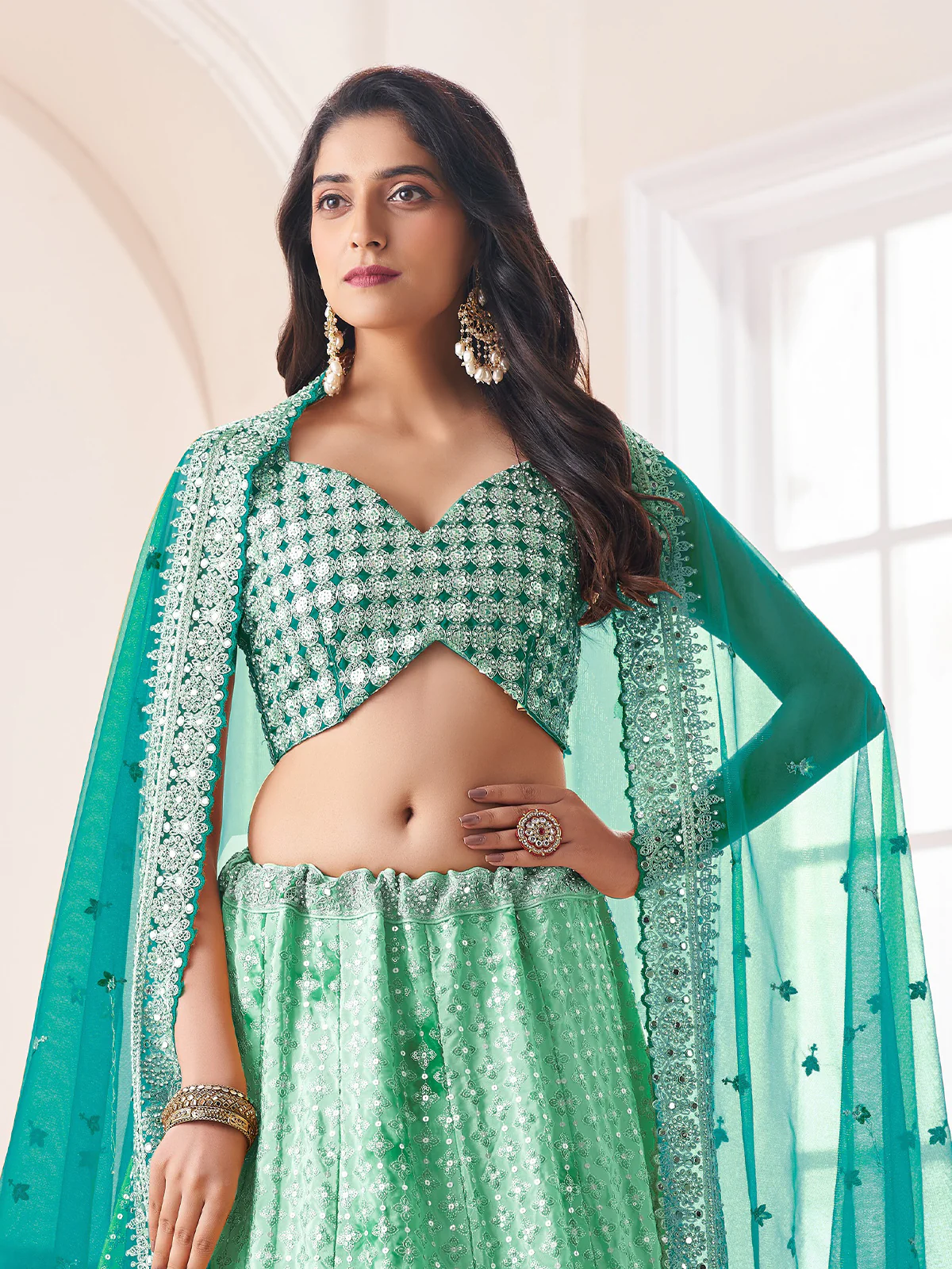Odette Green Shibori Crepe Embroidered Semi Stitched Lehenga With Unstitched Blouse for Women - Image 4