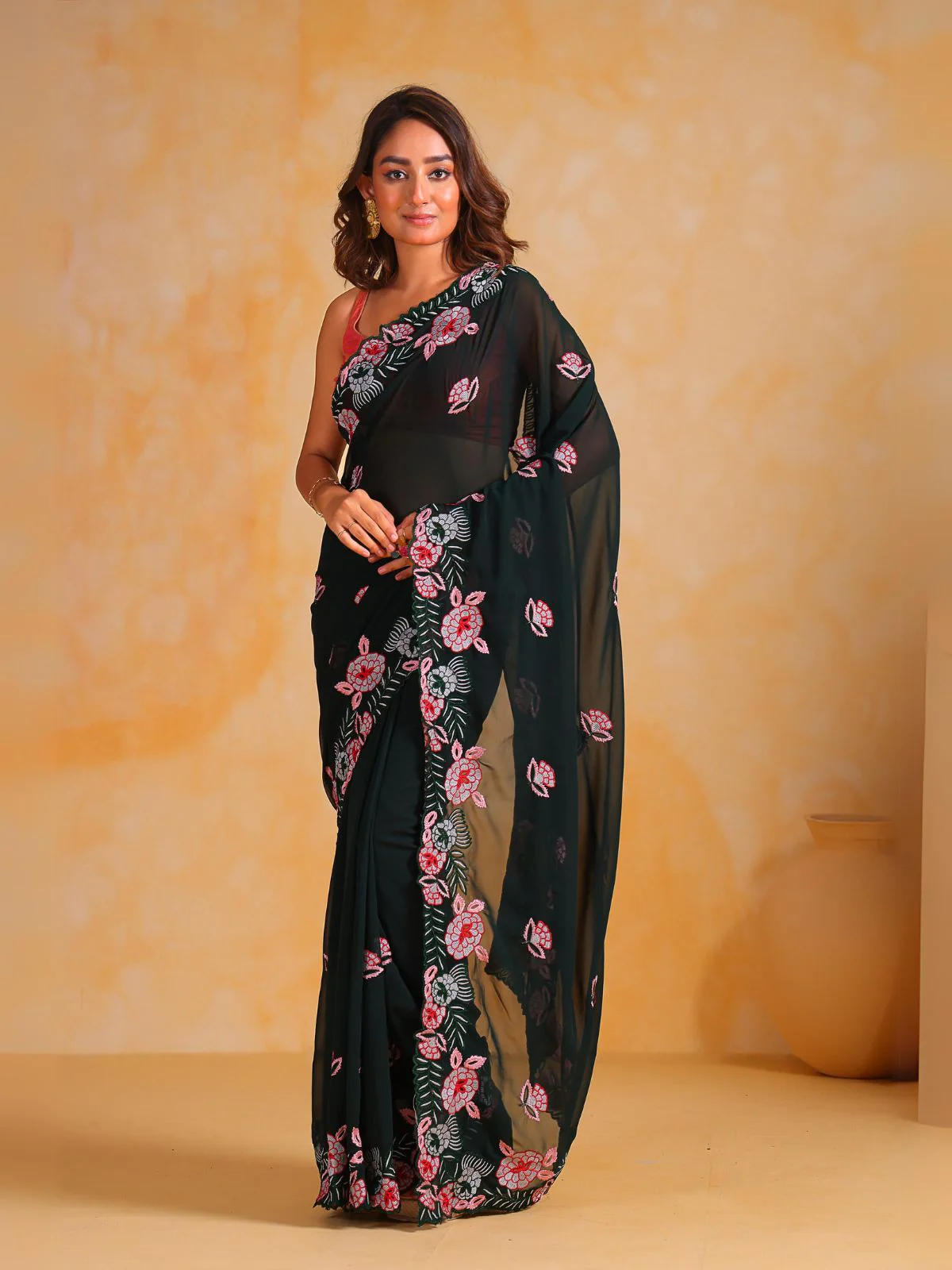Odette Green Silk Blend Embroidered Saree With Unstitched Blouse For Women