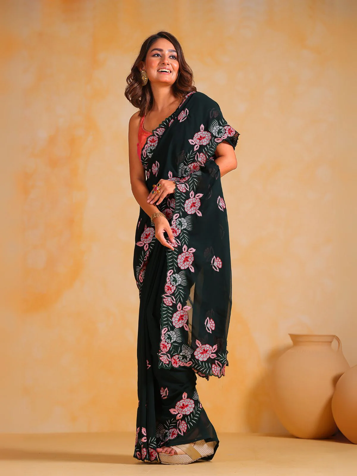 Odette Green Silk Blend Embroidered Saree With Unstitched Blouse For Women - Image 3