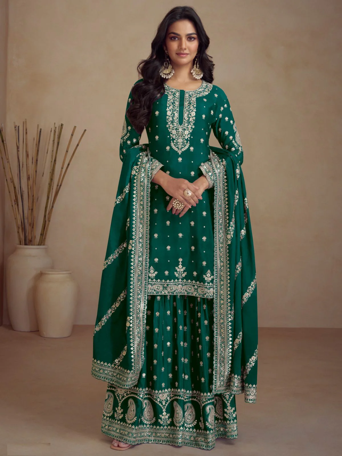 Odette Green Silk Blend Embroidered Semi-Stitched Kurta Set For Women