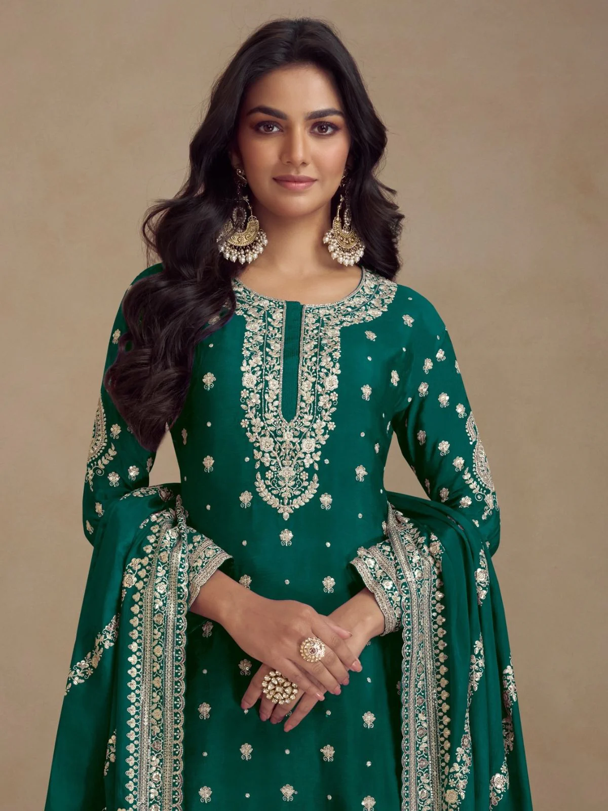 Odette Green Silk Blend Embroidered Semi-Stitched Kurta Set For Women - Image 2