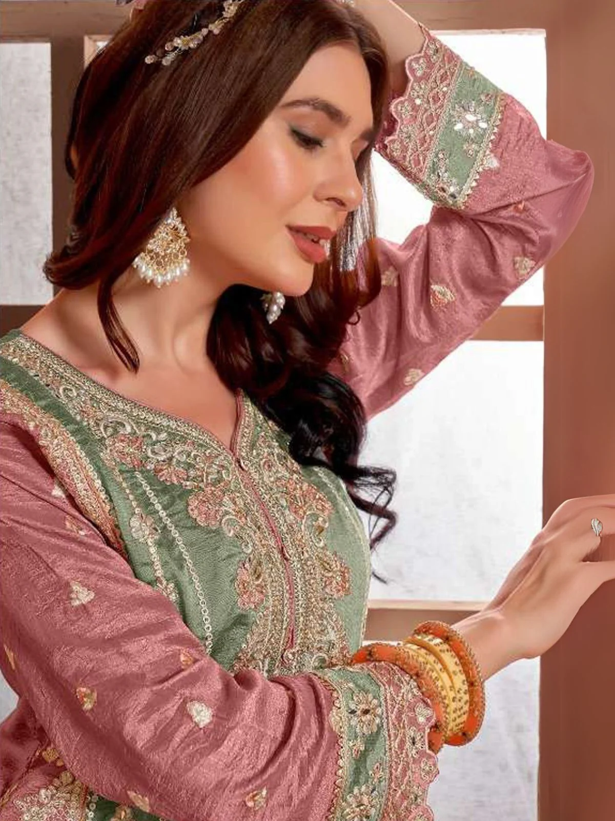 Odette Green Silk Blend Embroidered Semi-Stitched Kurta Set For Women - Image 2