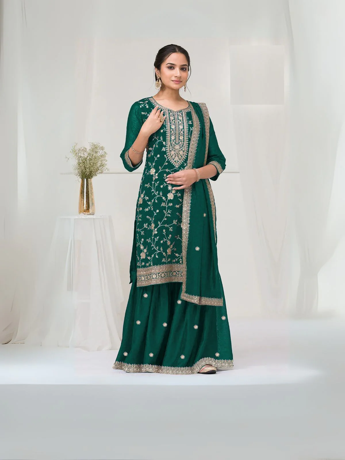 Odette Green Silk Blend Embroidered Semi-Stitched Kurta Set For Women