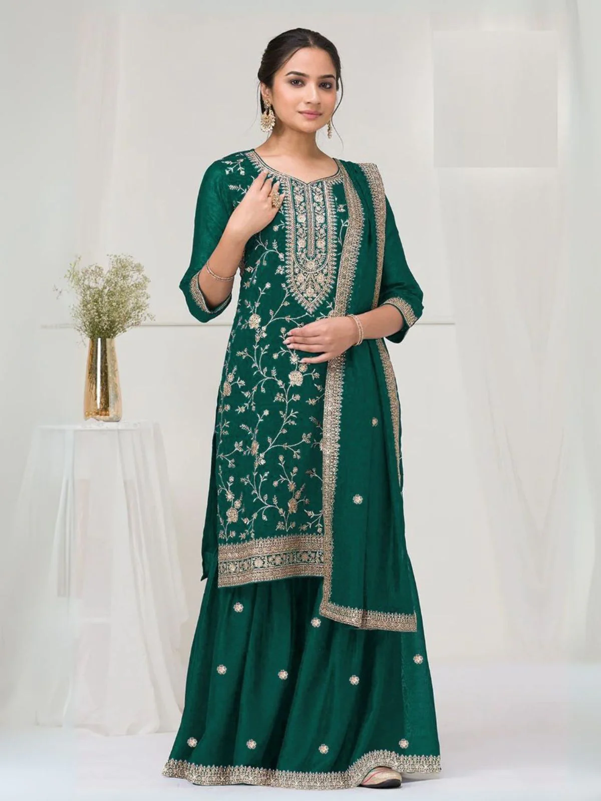 Odette Green Silk Blend Embroidered Semi-Stitched Kurta Set For Women - Image 2