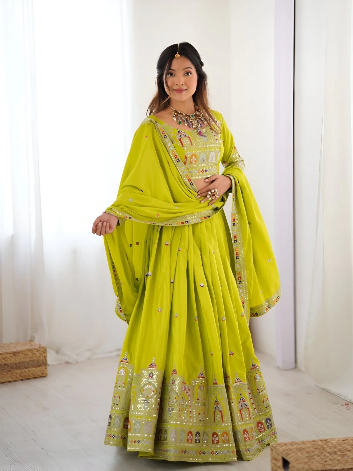Odette Green Silk Blend Embroidered Semi-Stitched lehenga For Women