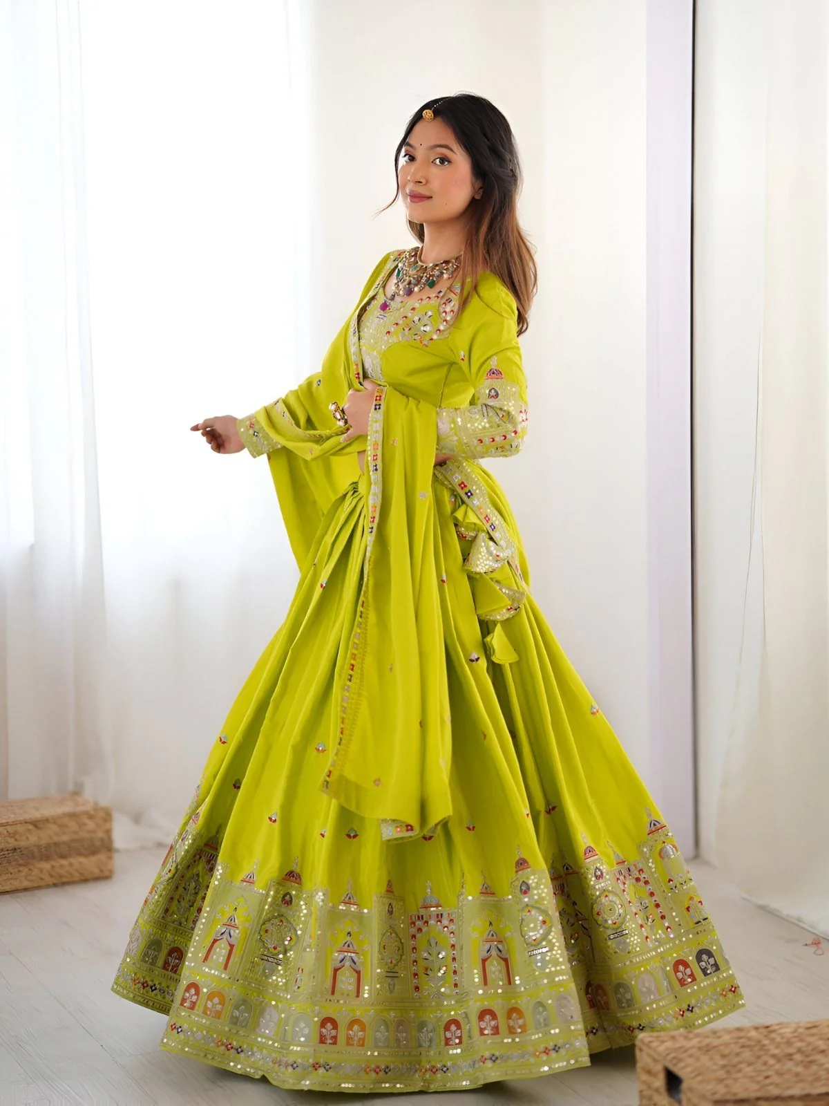 Odette Green Silk Blend Embroidered Semi-Stitched lehenga For Women - Image 3