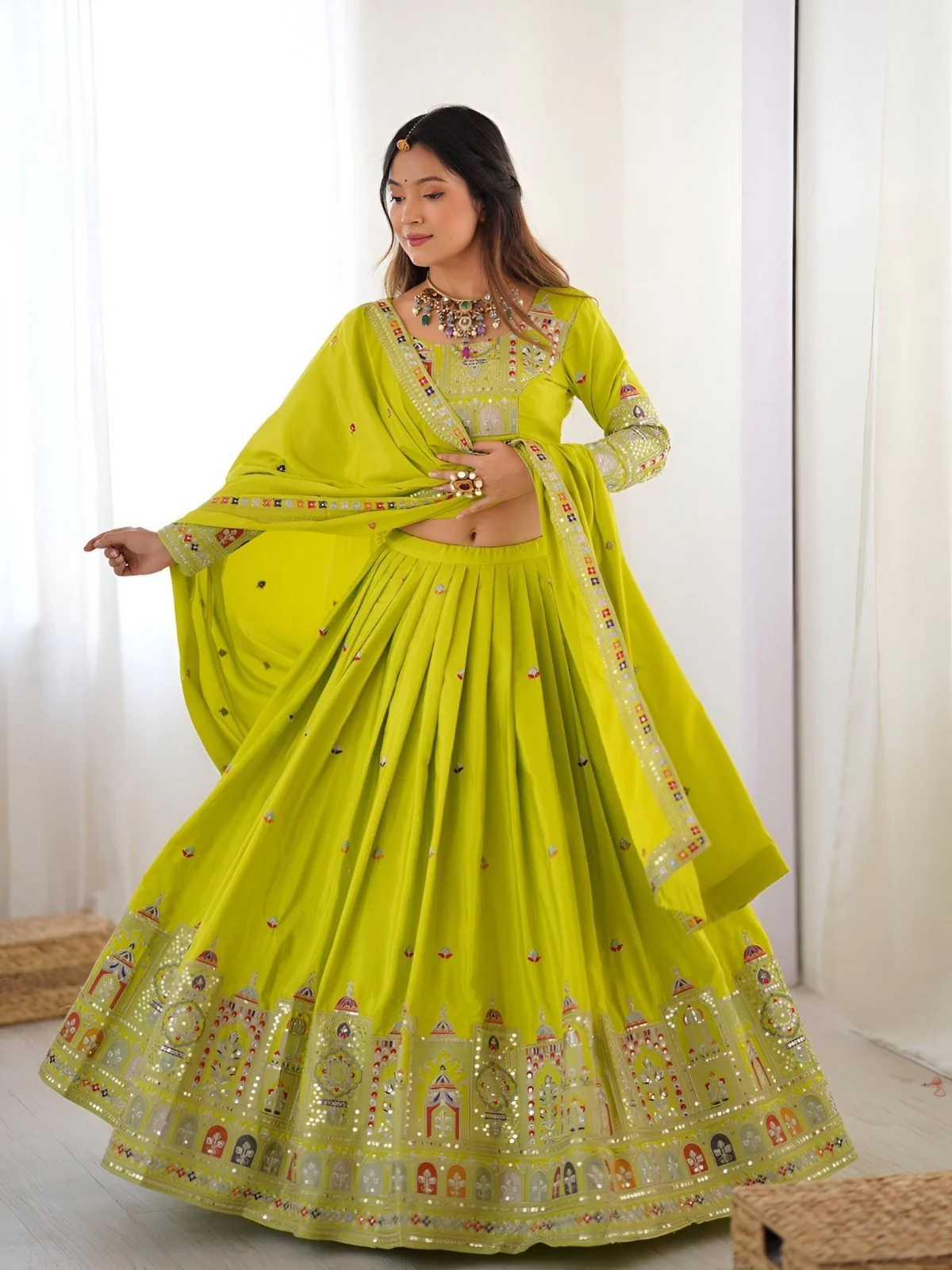 Odette Green Silk Blend Embroidered Semi-Stitched lehenga For Women - Image 5