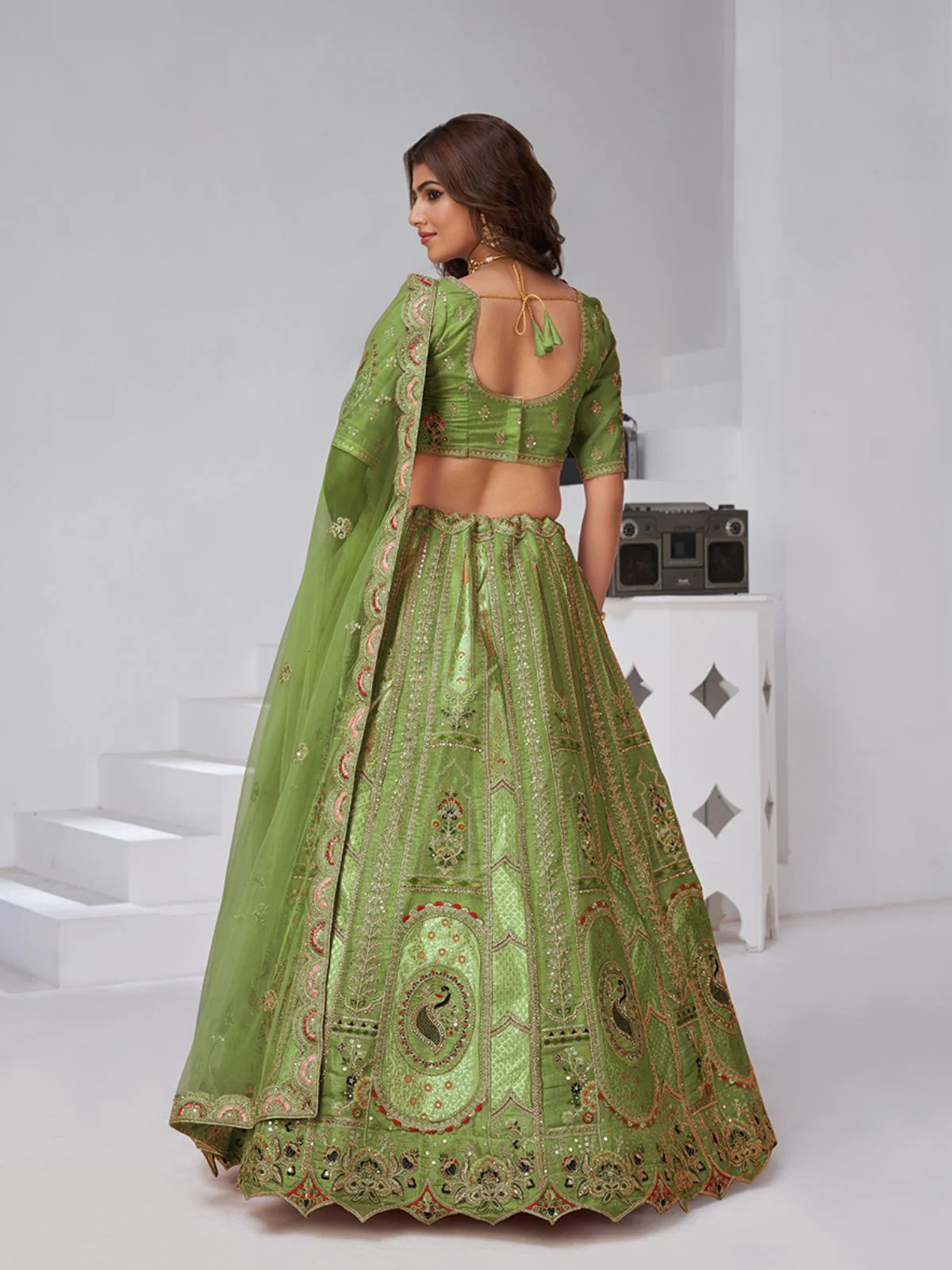 Odette Green Silk Blend Embroidered Semi-Stitched Lehenga For Women - Image 2