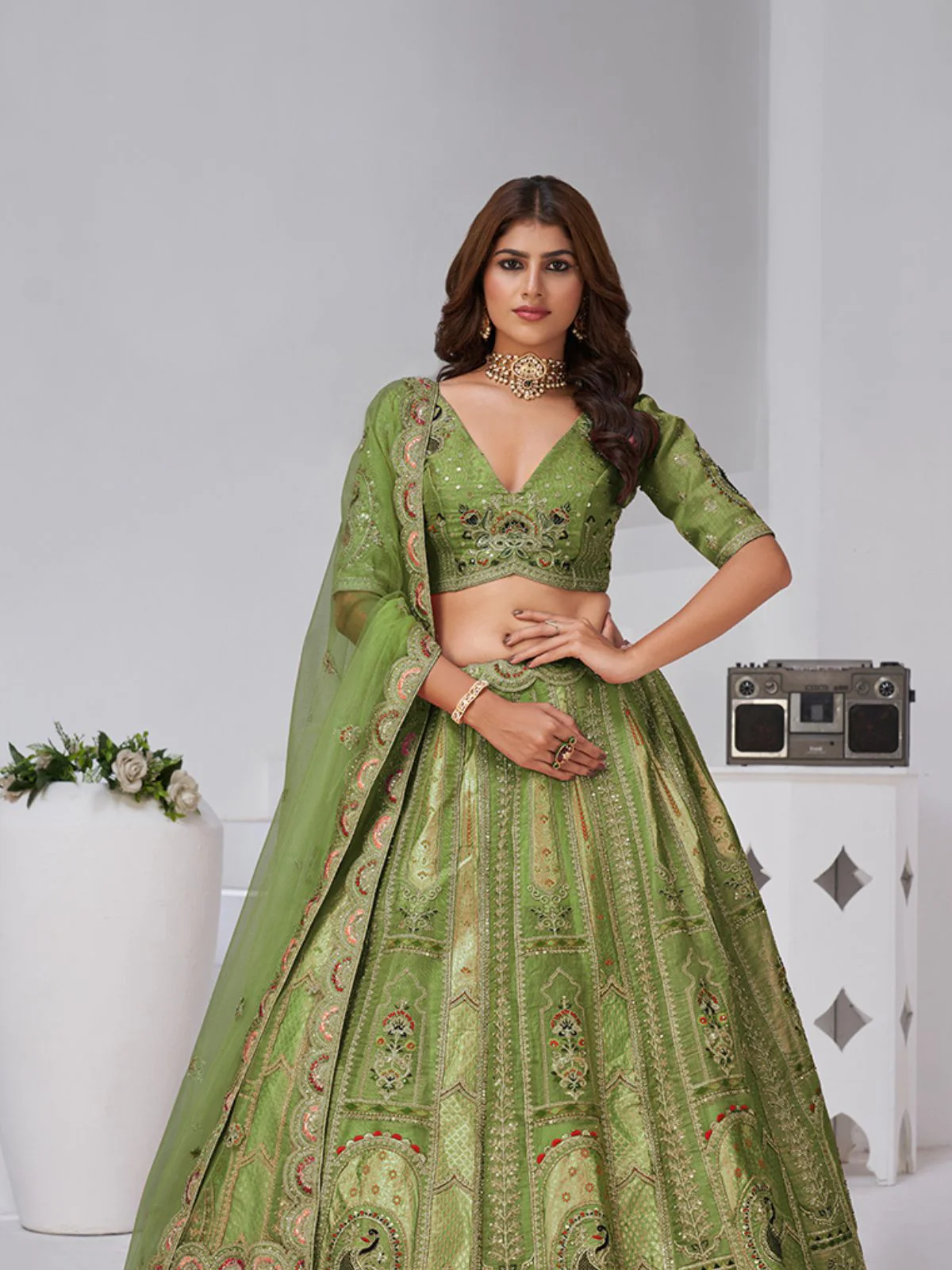 Odette Green Silk Blend Embroidered Semi-Stitched Lehenga For Women - Image 3