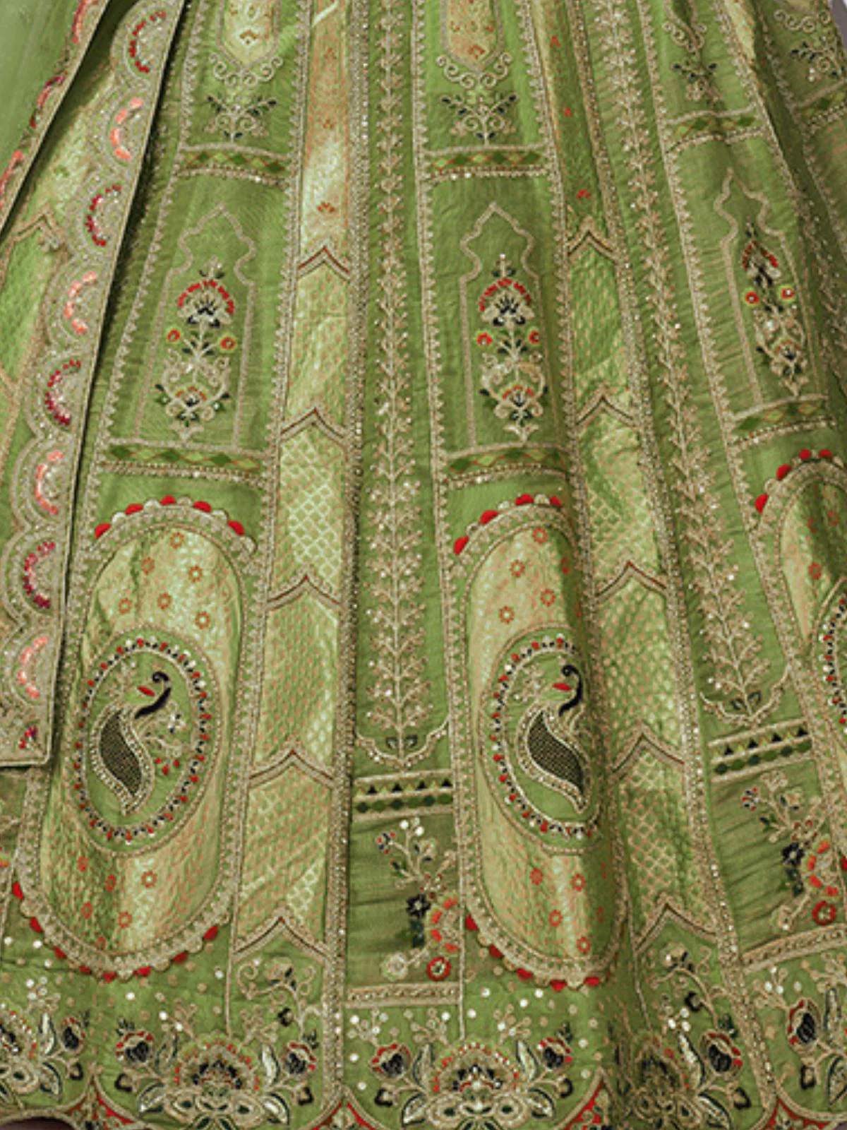 Odette Green Silk Blend Embroidered Semi-Stitched Lehenga For Women - Image 4