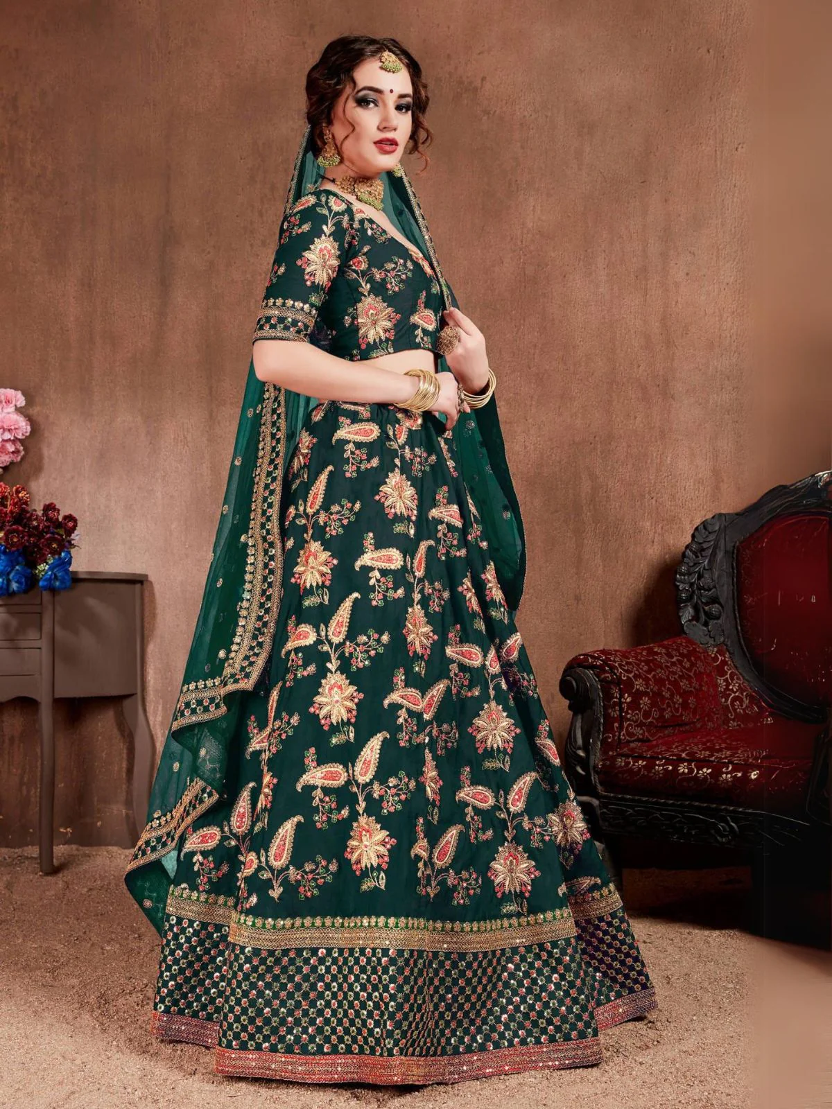 Odette Green Silk Blend Embroidered Semi Stitched Lehenga With Blouse For Women - Image 2