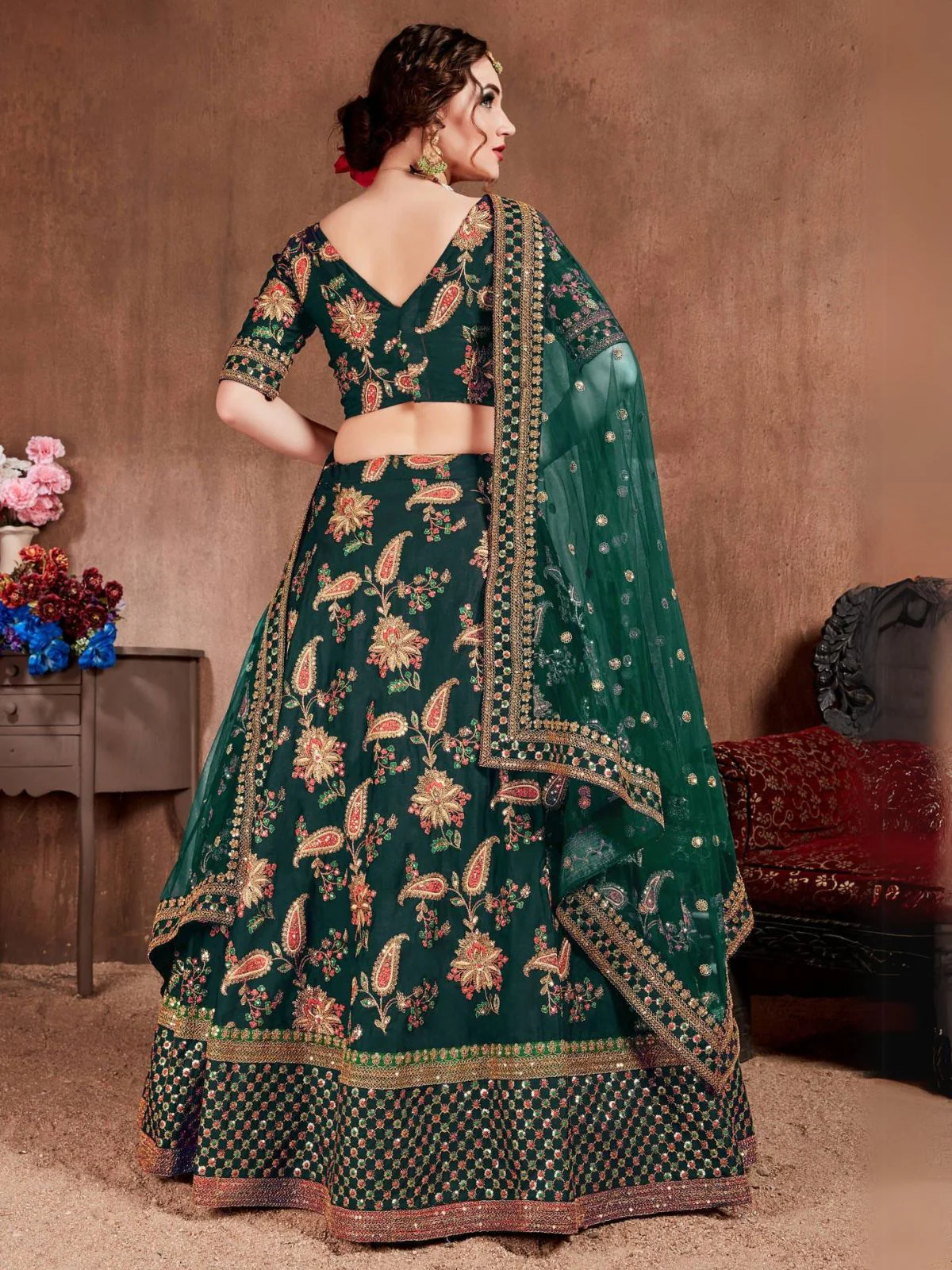 Odette Green Silk Blend Embroidered Semi Stitched Lehenga With Blouse For Women - Image 3