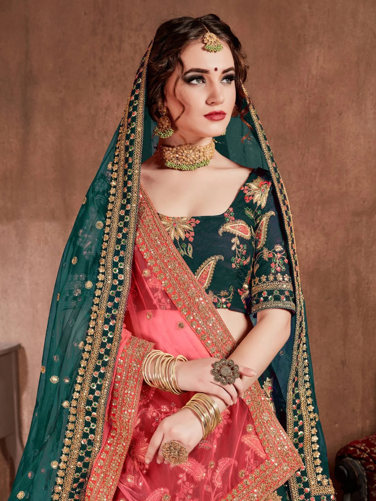 Odette Green Silk Blend Embroidered Semi Stitched Lehenga With Blouse For Women - Image 4
