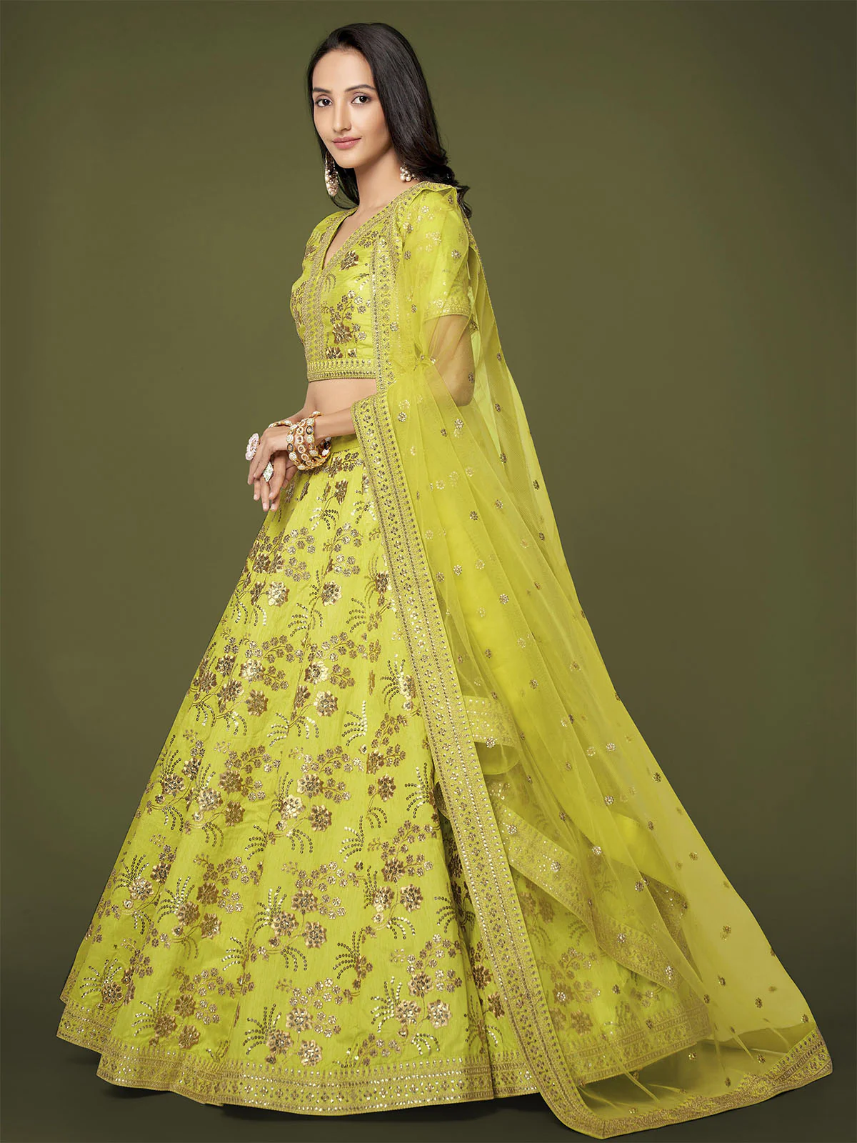 Odette Green Silk Blend Embroidered Semi Stitched Lehenga With Unstitched Blouse For Women - Image 2
