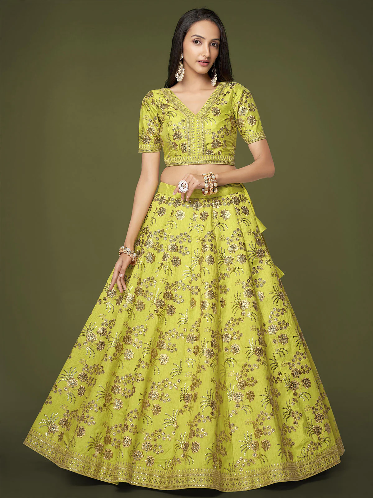 Odette Green Silk Blend Embroidered Semi Stitched Lehenga With Unstitched Blouse For Women - Image 4