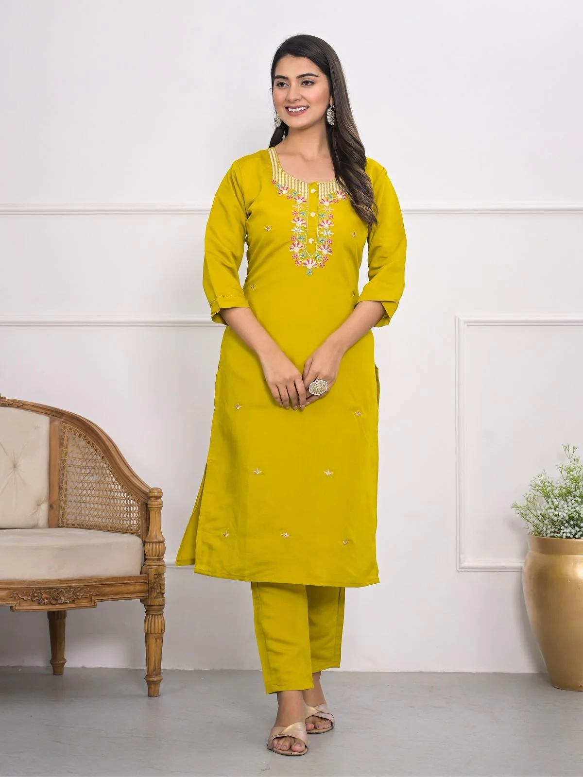 Odette Green Silk Blend Embroidered Stitched Kurta Set For Women - Image 3