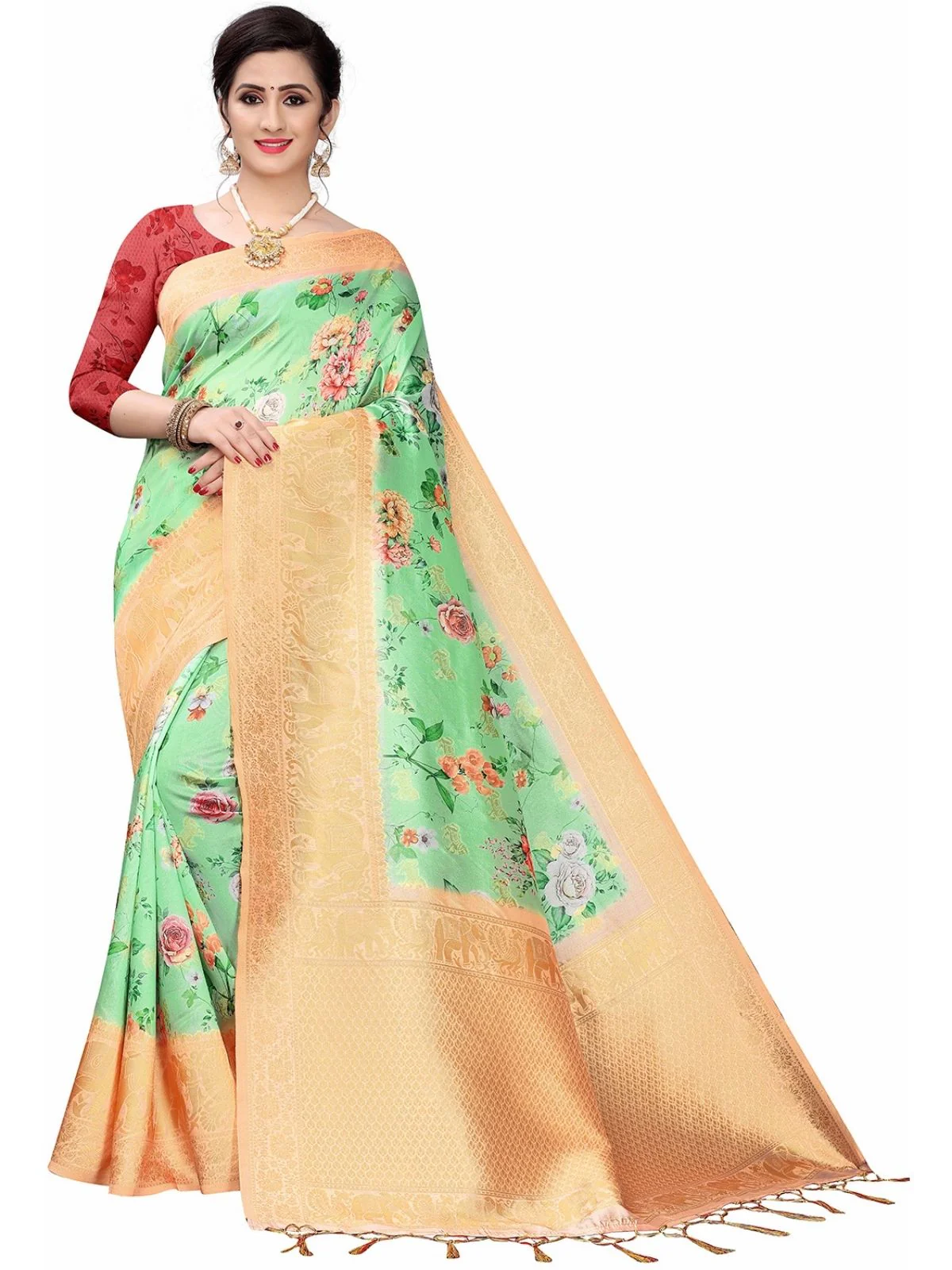 Odette Green Silk Blend Floral Printed Saree For Women