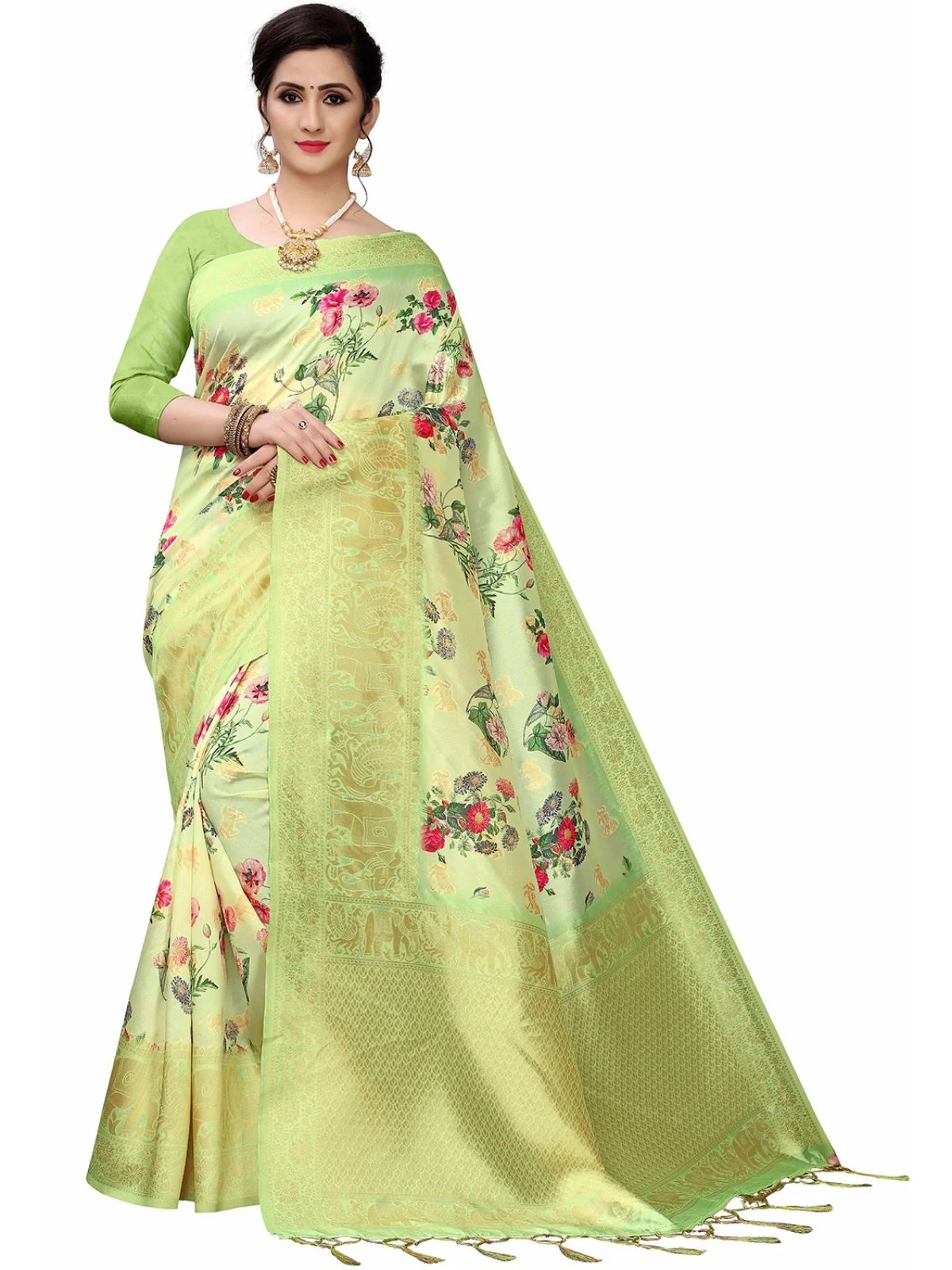 Odette Green Silk Blend Floral Printed Saree For Women