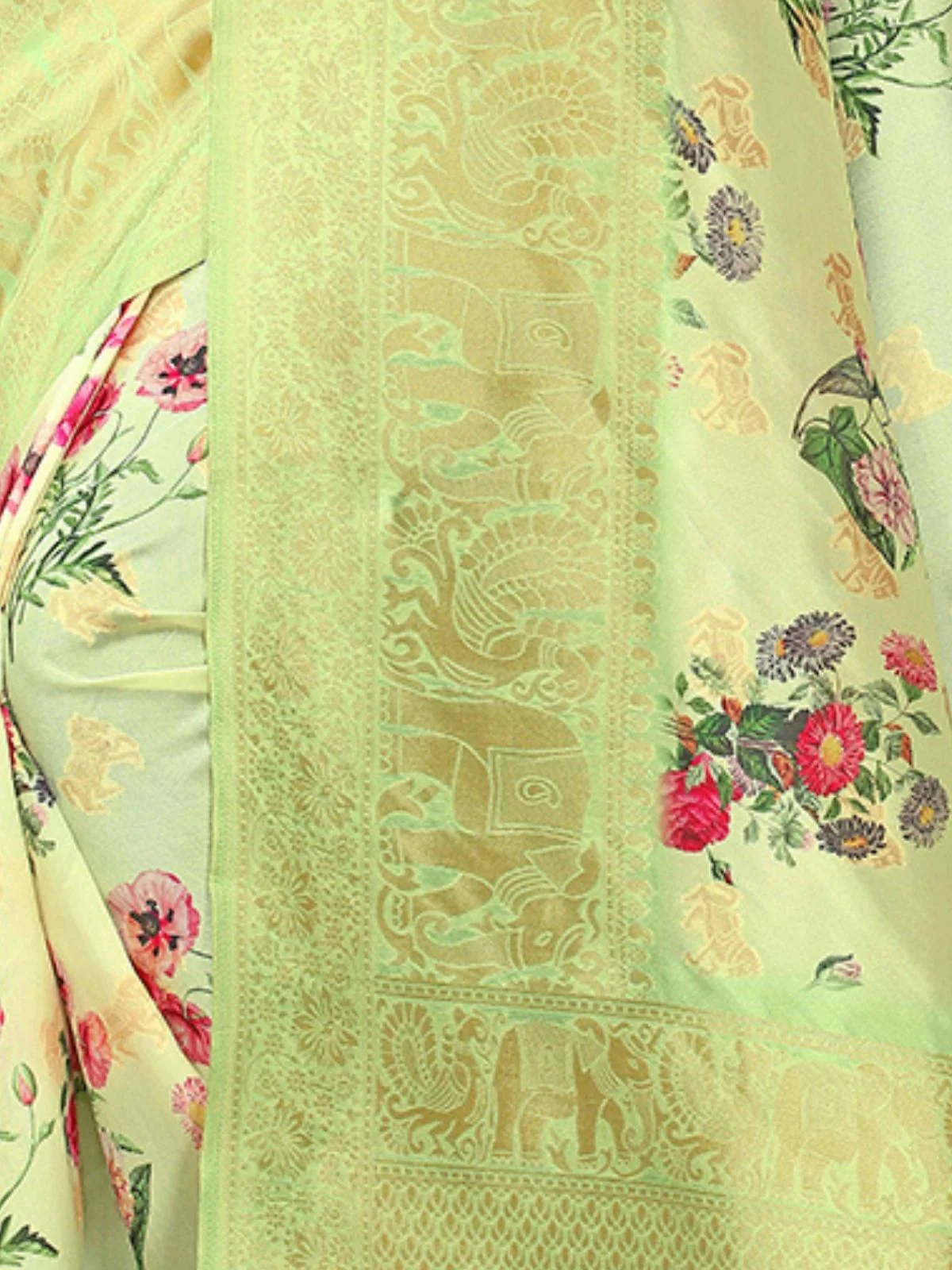 Odette Green Silk Blend Floral Printed Saree For Women - Image 5