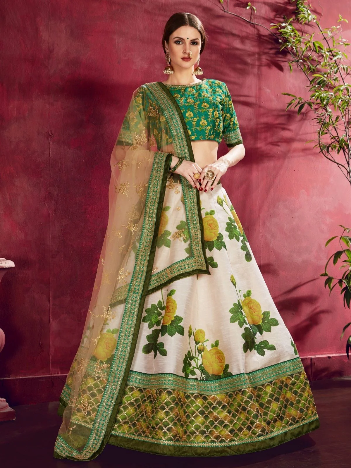 Odette Green Silk Blend Printed Semi Stitched Lehenga With Blouse For Women - Image 3