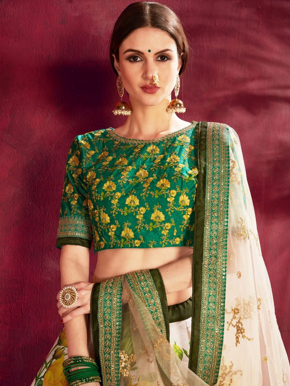 Odette Green Silk Blend Printed Semi Stitched Lehenga With Blouse For Women - Image 4