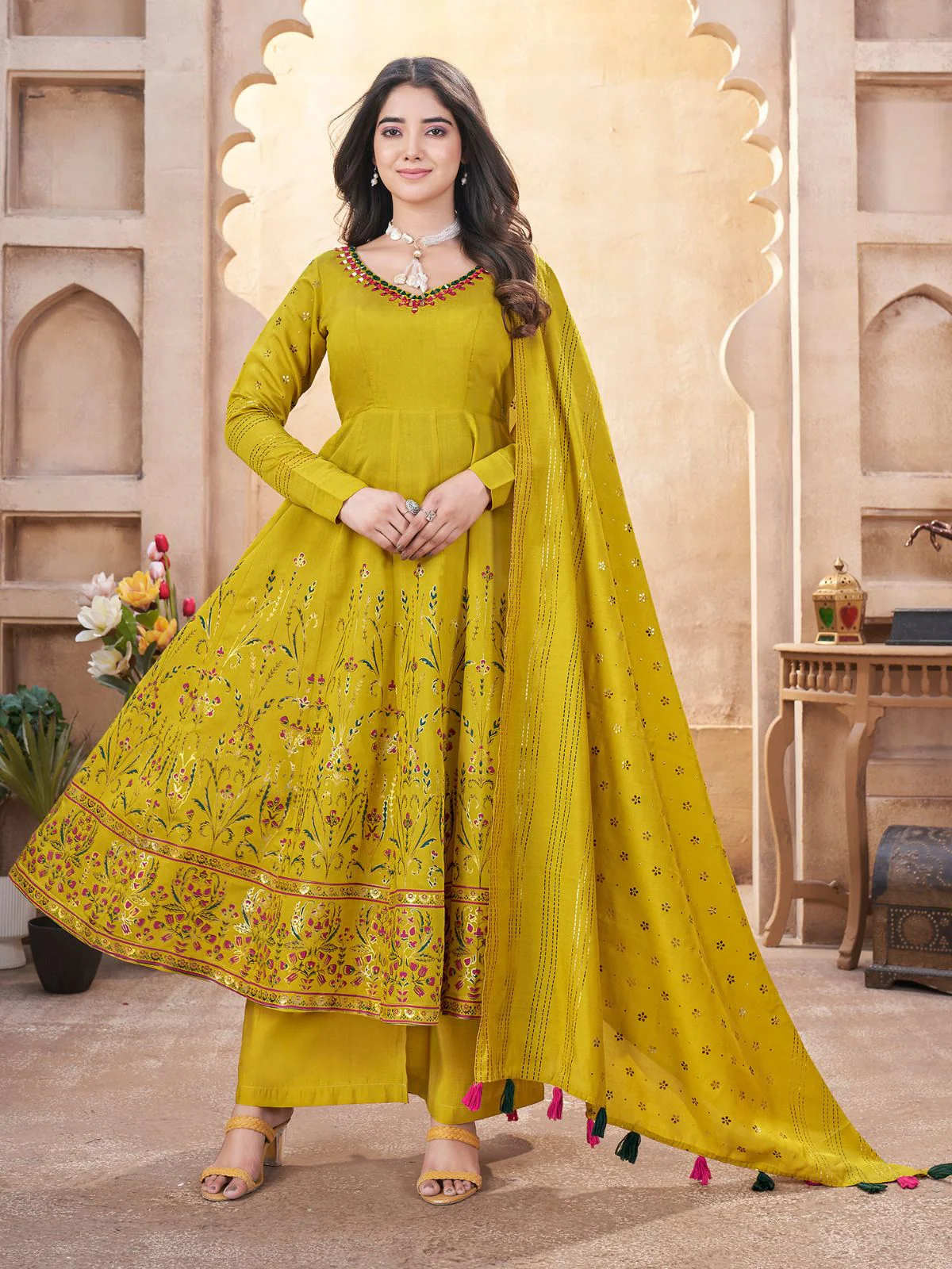 Odette Green Silk Blend Printed Stitched Kurta Set For Women - Image 2