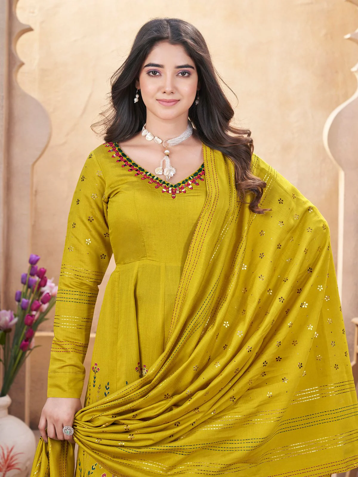Odette Green Silk Blend Printed Stitched Kurta Set For Women - Image 4