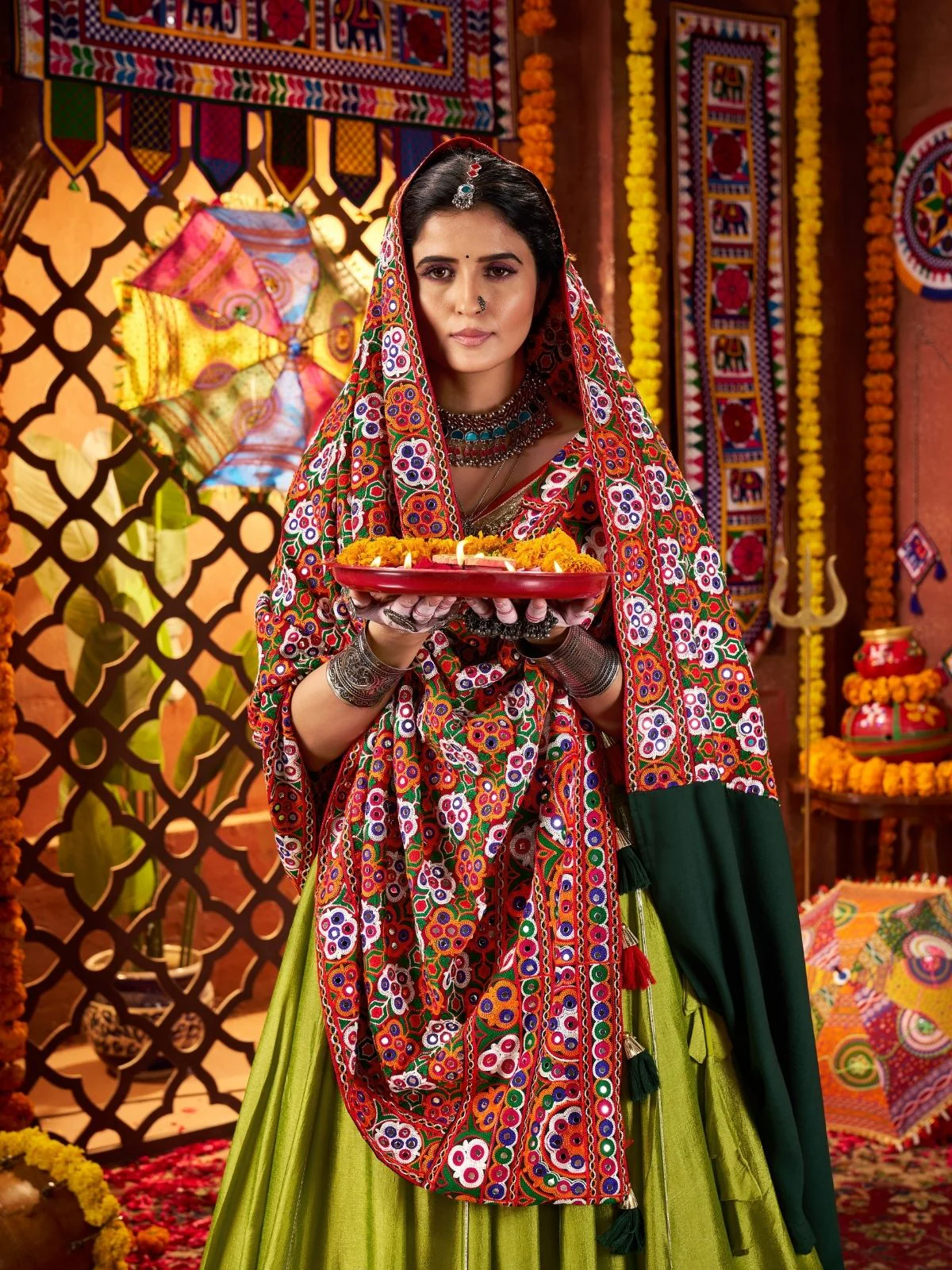 Odette Green Silk Blend Semi-Stitched lehenga With Stunning Tassels For Women - Image 4